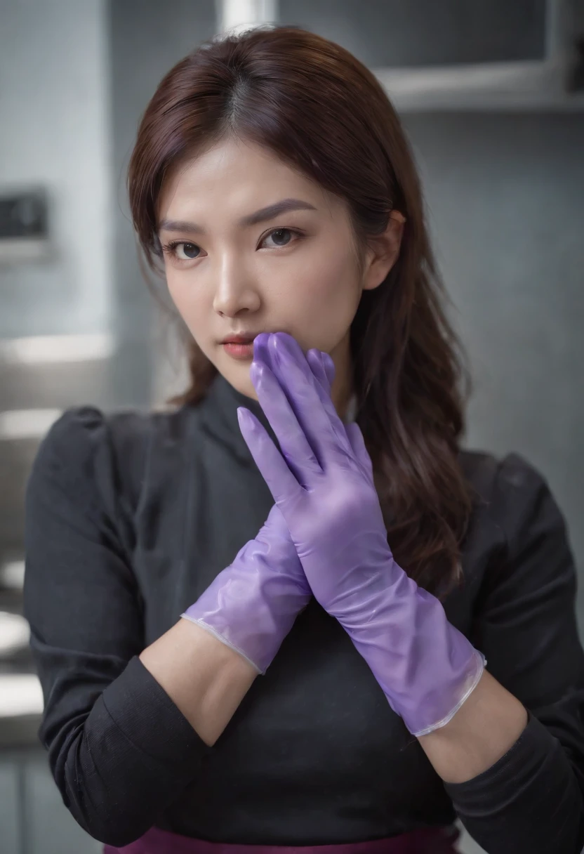 Meilin from Advanced Metal Gear Research Institute. Highly realistic. rubber glove、Purple rubber gloves、Purple cooking gloves、Long gloves、Glossy gloves、Glossy apron、Gripping the