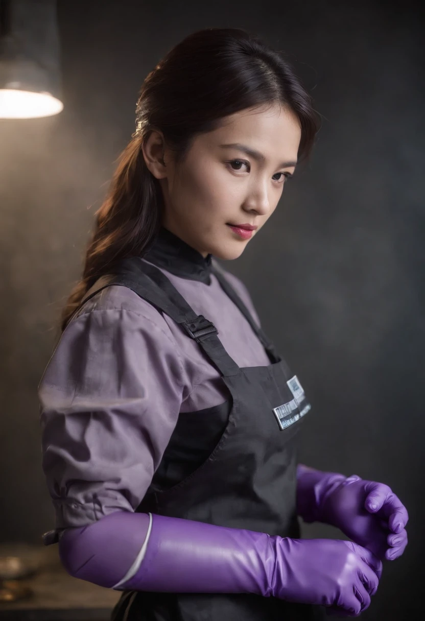 Meilin from Advanced Metal Gear Research Institute. Highly realistic. rubber glove、Purple rubber gloves、Purple cooking gloves、Long gloves、Glossy gloves、Glossy apron、Wear a mask、Rubber Mask、The perfect surgical mask