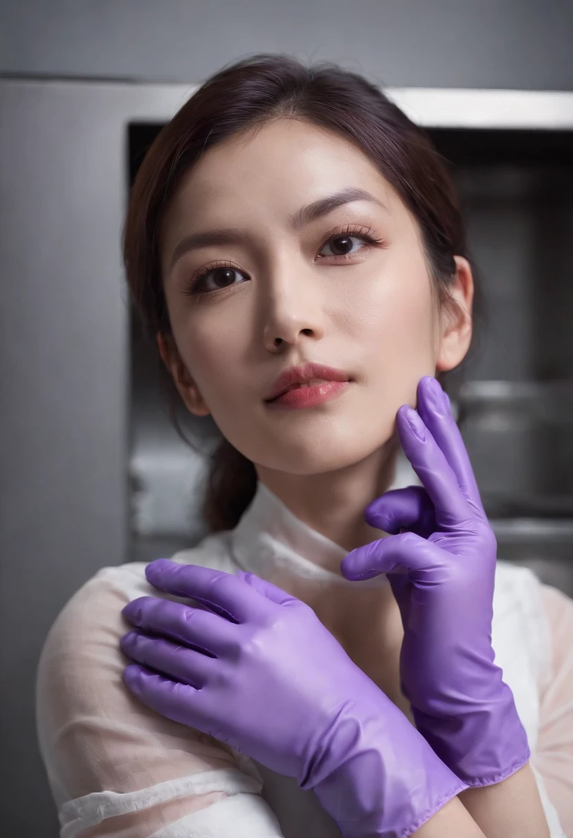 Meilin from Advanced Metal Gear Research Institute. Highly realistic. rubber glove、Purple rubber gloves、Purple cooking gloves、Long gloves、Glossy gloves、Glossy apron、Gripping the、Getting wet with white liquid、cum shots、Wear a mask