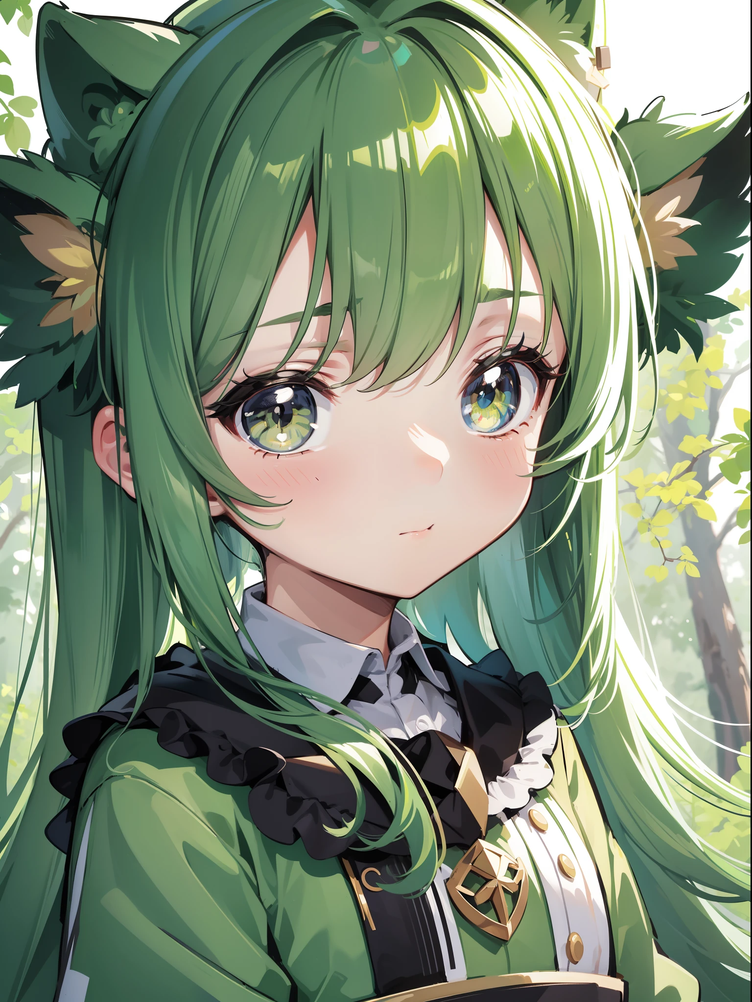 character portrait closeup,sketching,.tchibi,Kawaii little girl, Green long hair,green pupills,tilts your head,avatar close up,grieves,forest backgrou,Detailed facial depiction