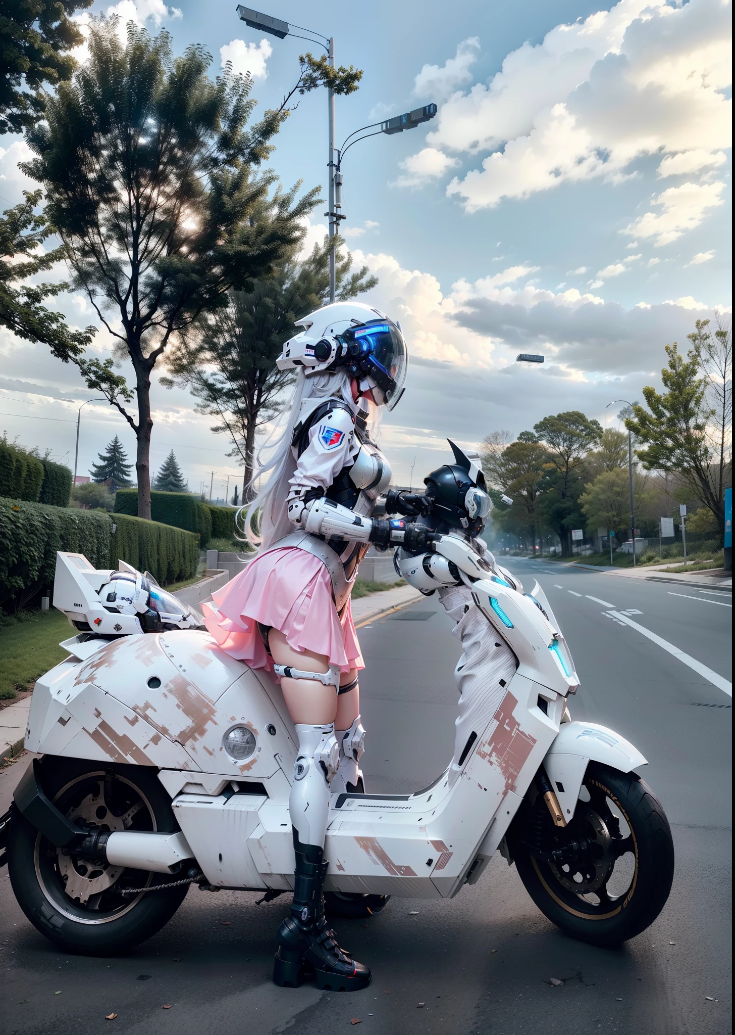 Cute cyberpunk female knight，Long flowing white hair，Black mech costume，Sophisticated white tech helmet，Nousr， Biomechanicals， MSHN Robot Woman，High-tech helmet，hyper realisitc， Steel， Complex design， insanely details， finely detailled， Extremely clear lines， cinmatic lighting， photograph realistic， A detailed masterpiece