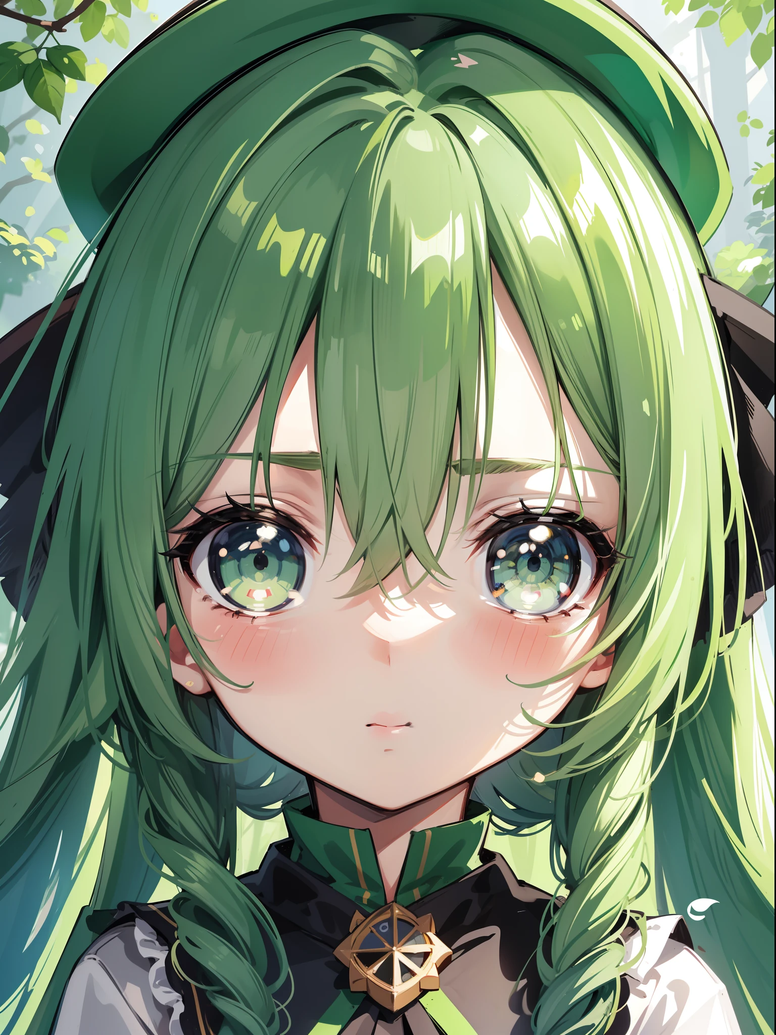character portrait closeup，sketching，.tchibi，Kawaii little girl, Green long hair，green pupills,tilts your head，avatar close up，grieves，forest backgrou，Detailed facial depiction