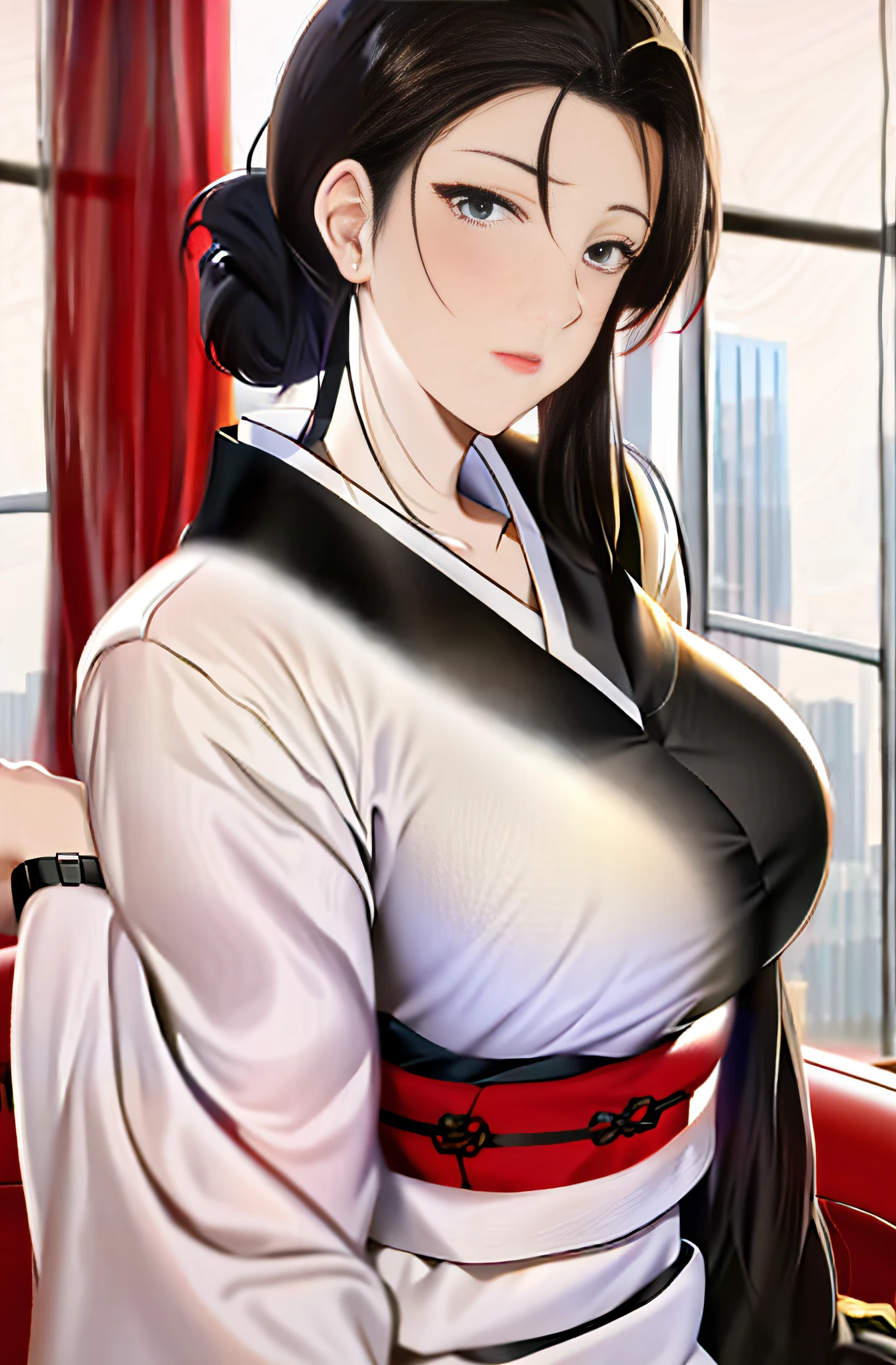 Kitagawa Uyudo house style, anime visual of a young woman,Focus on the face Delicate and beautiful face High ponytail,城市,Outdoors,Stand up,long leges,Mature woman,Big breasts wife,Married Woman,Mature woman,office  lady,(Masterpiece), (Best quality), (Ultra detailed),(Disheveled hair),huge tit,Stiletto heels,Slender and tall,Exquisite details,The feet are delicate