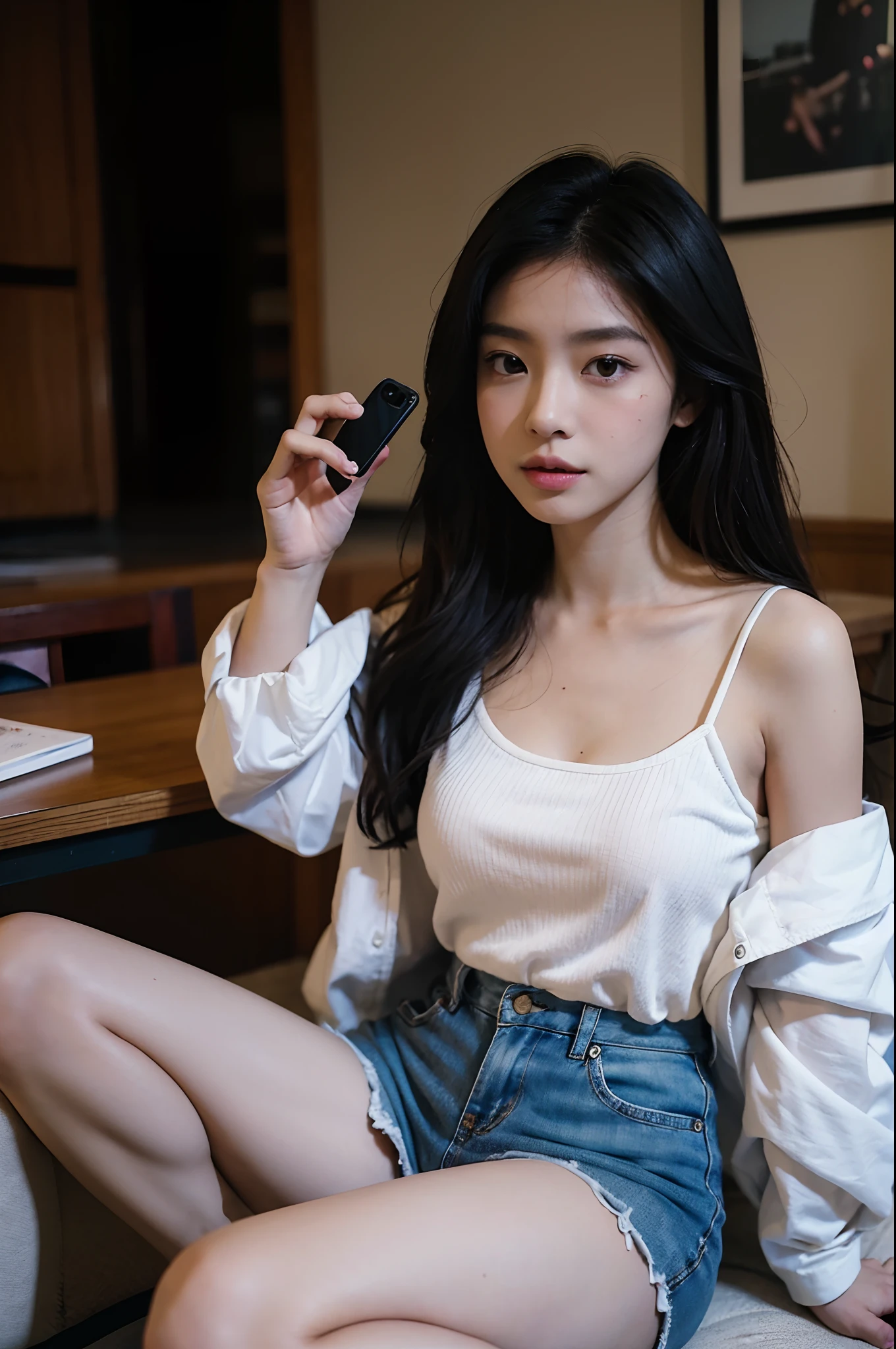 there is a woman that is sitting down with a cell phone, a picture by Andrée Ruellan, tumblr, digital art, pokimane, gemma chen, a young asian woman, chiho, portrait of jossi of blackpink, captured on canon eos r 6, taken with canon eos 5 d mark iv, ann takamaki, mid shot portrait