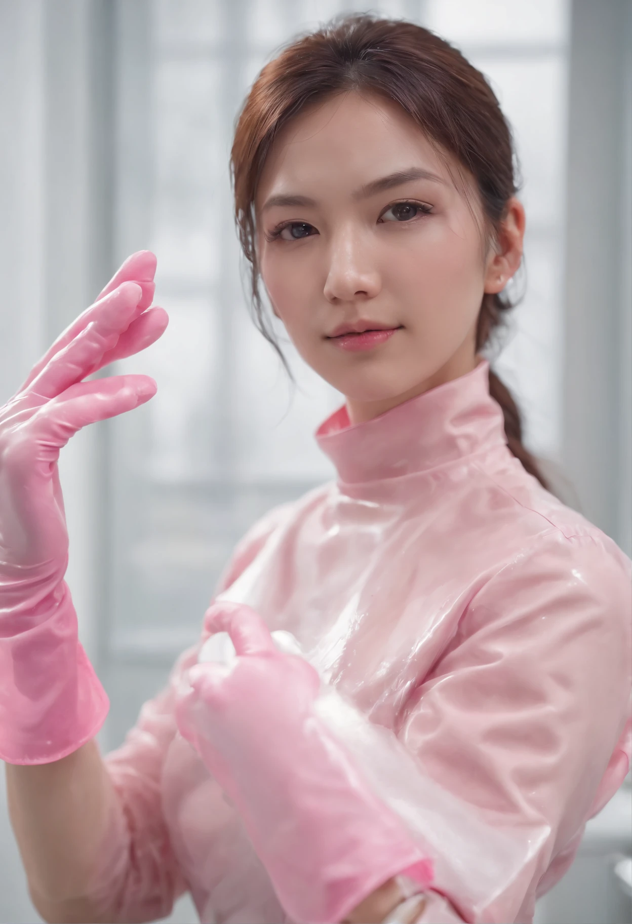 Meilin from Advanced Metal Gear Research Institute. Highly realistic. rubber glove、Pink rubber gloves、Pink cooking gloves、Long gloves、Glossy gloves、Glossy apron、Getting wet with white liquid、cum shots