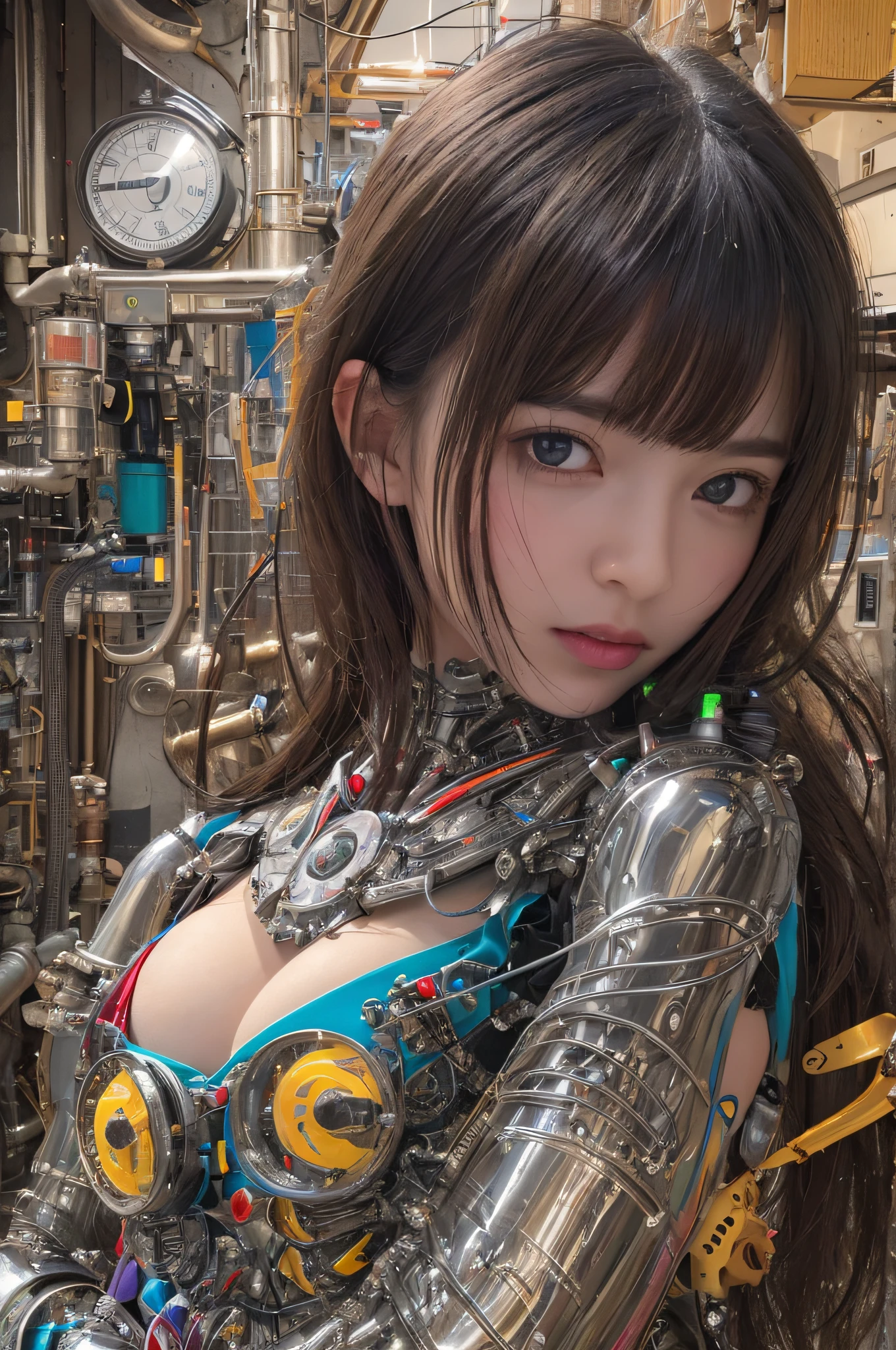 blush，of the highest quality, masutepiece, 超A high resolution, (Photorealistic: 1.4), Raw photo, 1 girl, Black hair, Glossy glossy skin, 1 Mechanical Girl, (hyperrealistic detailed)), Portrait, Global Illumination, shadowy, Octane Rendering, 8K, ultrasharp, Big, Exposed raw skin, Metal, Details of complex ornaments, Steampunk details, vacuum tubes, Nixie tube, Oil pressure gauge, glass tubes, Analog Meter, (gear wheel), Hydraulic cylinder, high intricate detailed, Realistic light, CGSoation Trends, Purple eyes, Glowing eyes, Facing the camera, neon light detail, Mechanical limbs, Blood vessels attached to tubes, Mechanical vertebrae attached to the back, Mechanical cervical attachment to the neck, Sitting, wires and cables connecting to head, Gundam, (Small LED lamps:1.5),neon light，(Soviet fluorescent tube)