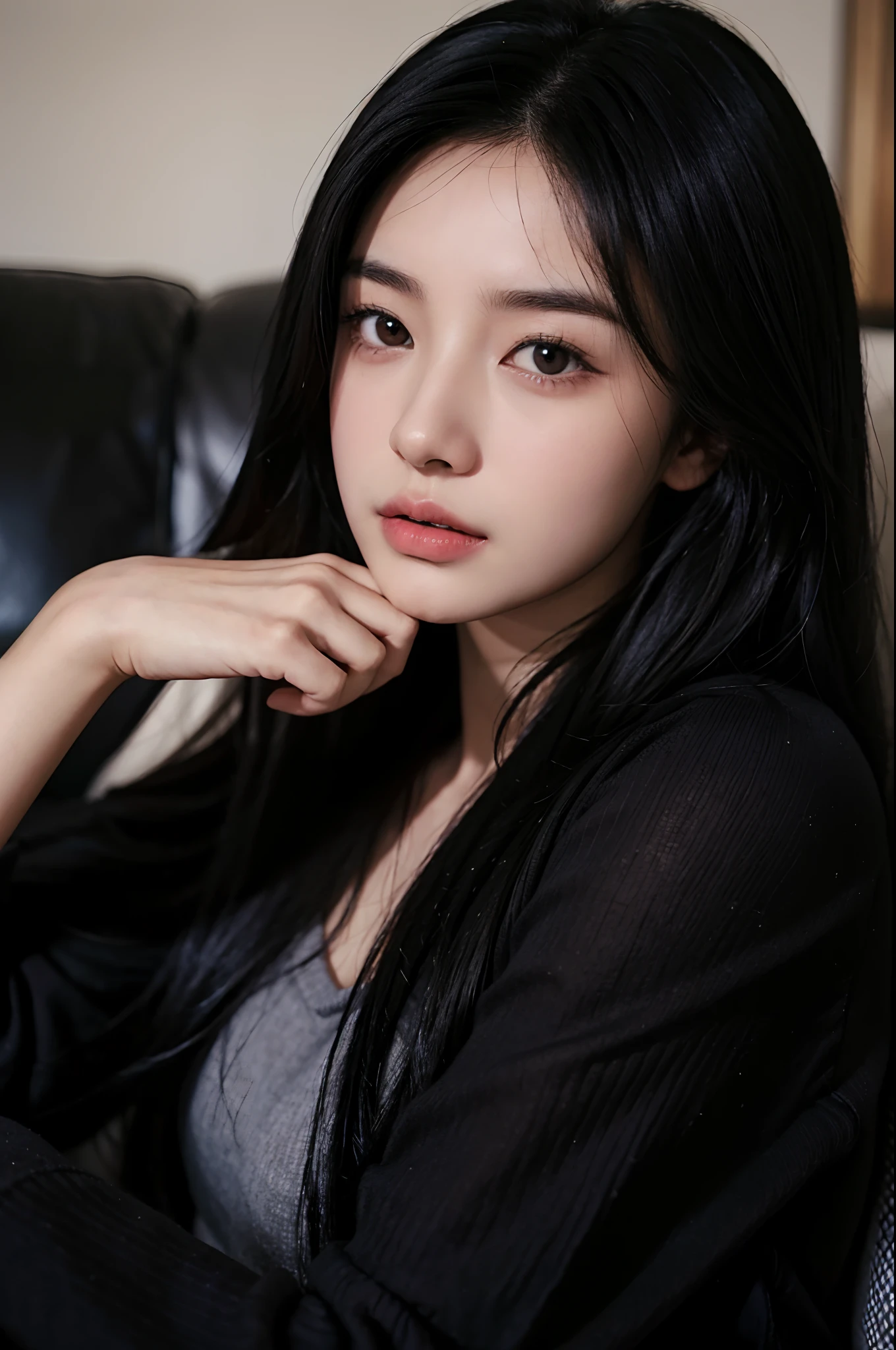 arafed woman with long black hair sitting on a couch, a picture inspired by Qiu Ying, tumblr, realism, young cute wan asian face, headshot profile picture, gemma chen, a young asian woman, cindy avelino, yun ling, ruan jia beautiful!, girl cute-fine-face, 18 years old, sha xi, 2