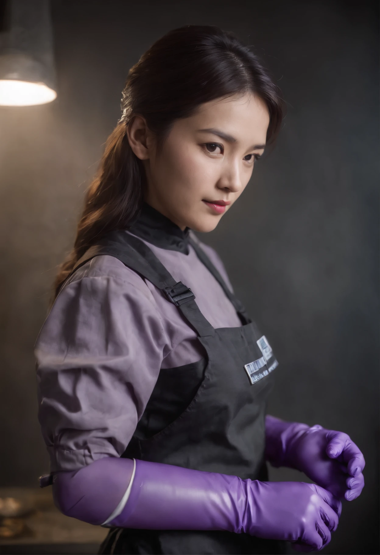 Meilin from Advanced Metal Gear Research Institute. Highly realistic. rubber glove、Purple rubber gloves、Purple cooking gloves、Long gloves、Glossy gloves、Glossy apron、Gripping the
