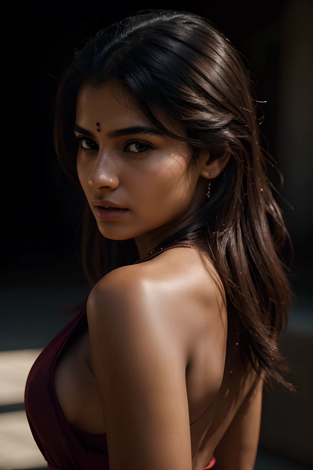 young Indian girl, 18-year-old, old looking top, 100 AD style dress, photorealistic, photo, masterpiece, realistic, realism, photorealism, high contrast, photorealistic digital art trending on Artstation 8k HD high definition detailed realistic, detailed, skin texture, hyper detailed, realistic skin texture, armature, best quality, ultra high res, (photorealistic:1.4),, high resolution, detailed, raw photo, 400 camera f1.6 lens rich colors hyper realistic lifelike texture dramatic lighting unrealengine trending on artstation cinestill 800, With your back to the camera)