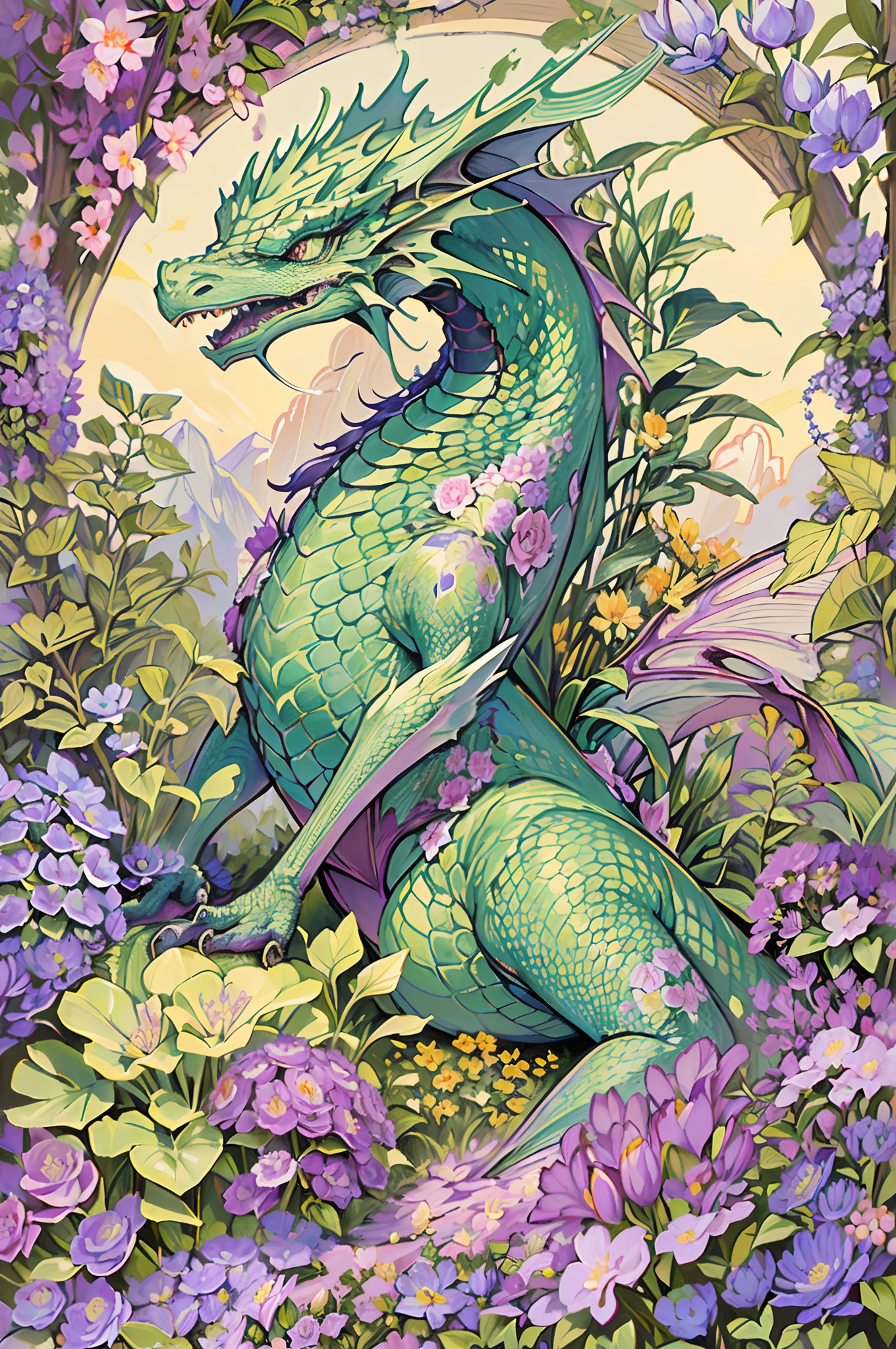 painting of a dragon sitting in a field of flowers, full color illustration, green dragon, mythical creature, the non-binary deity of spring, highly detailed muted colors, dragon art, a mythical creature, anthro dragon art, highly detailed and colored, d&d commision art dragon, detailed fantasy illustration, very detailed and colorful ((vintage botanical illustration))