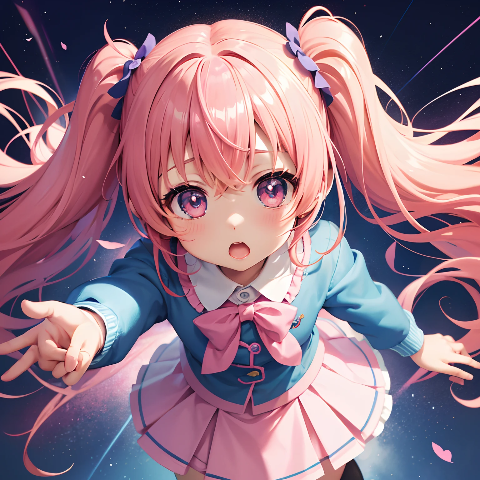 Cute Chibi Anime Girl, Chibi Chara、Solo, Bright rainbow sky background, Beautiful pink twin tails, Details Chibi Anime Kindergarten Children Cute Girls、, Dark blue blazer、Uniform with pink skirt、Full body,, Highly detailed face and eyes, Clearly outlined、gazing at viewer、Insanely surprised face、Insanely surprised face