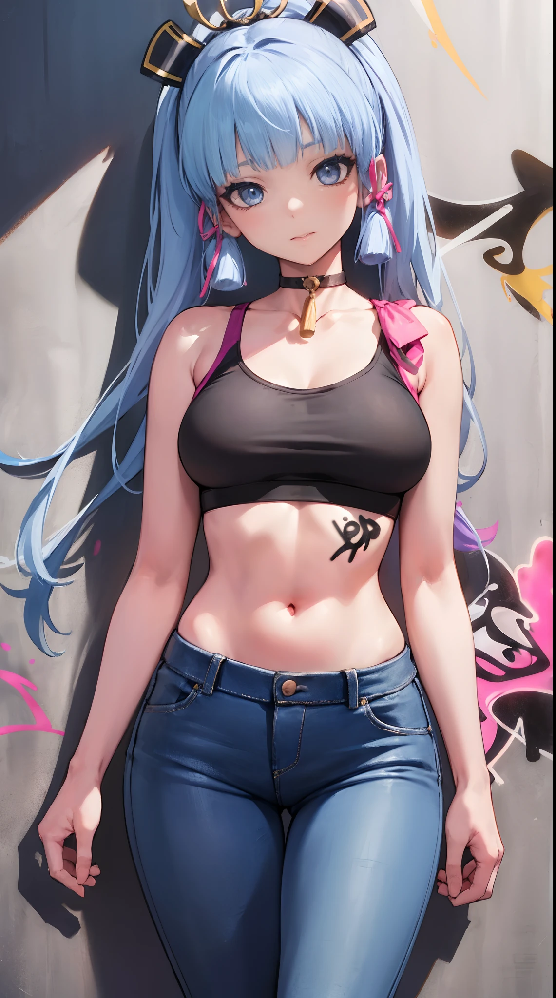 kamisato ayaka|genshin impact, master-piece, bestquality, 1girls,25 years old, proportional body, elongated legs, Beautiful, proportional., crop top, Long Jeans, mediuml breasts, ,bara, crop top, choker, (Graffiti:1.5), Splash with purple lightning pattern., arm behind back, against wall, View viewers from the front., Thigh strap, Head tilt, bored,(NSTDA.:1.2), (10, beste-Qualit, master-piece: 1.4), Beautiful red hair, ultra-high resolution, (lifelike, photorealistic portrait: 1.48), 20 age, Cute Girl, (Looking Through Crop Tops.), Famous Japanese actors, beautiful clear eyes, Head tilt, cowboy shot, from the front, looking at the audience, expressionless, Beautiful lake, Zeiss 150mm F/ 2.8 Hasselblad, Whole body, foot, Ultra-Wide Angle,