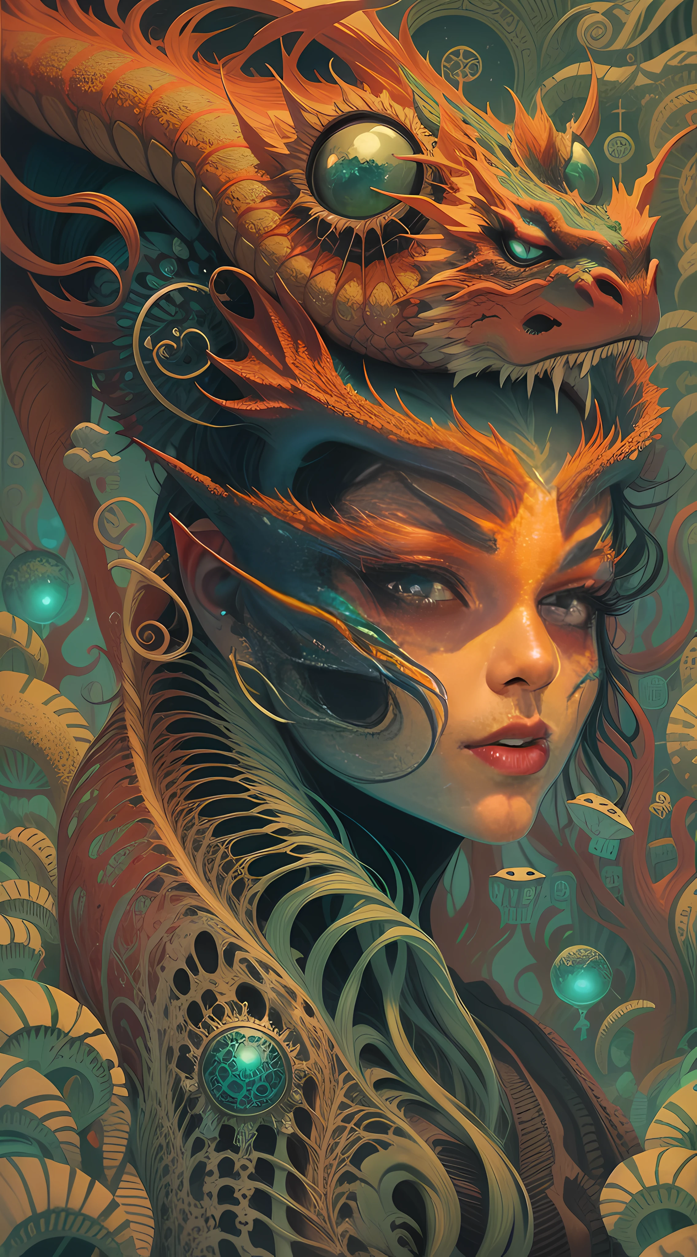 Epic mutated hollow satanic dragon girl by Arkhan zentangled in a hyper surrealistic maze in a 3D jigsaw puzzle landscape, tattoo, filigree, synthwave, op art, chiaroscuro, strong colors, intense light, catchlight, high contrast, thick strokes, oil dripping, oil splash, surrealism, Richard Corben and Barkley Shaw, punk, Andy Kehoe