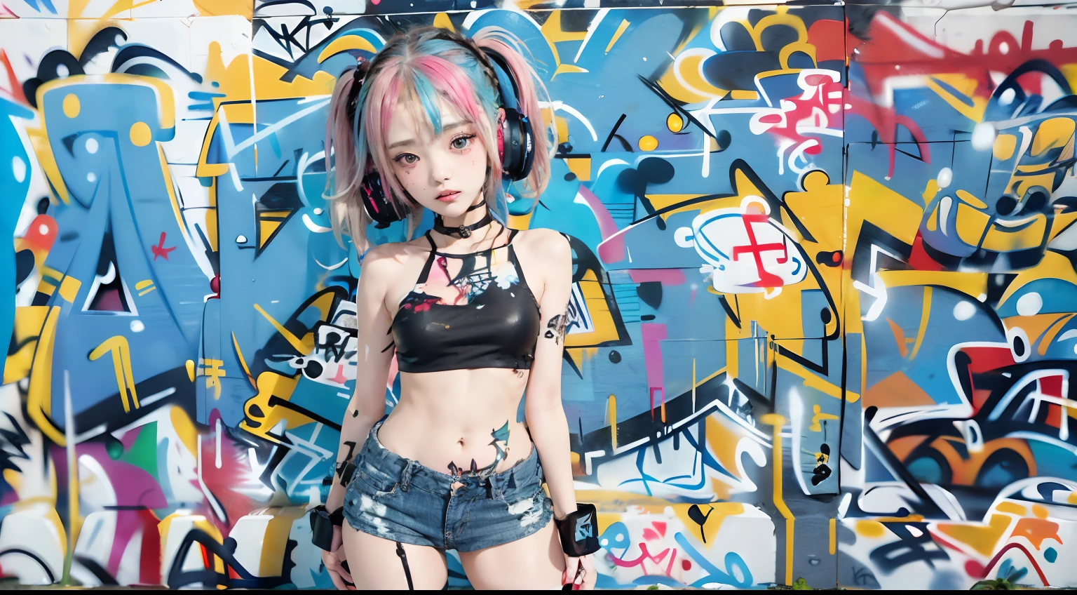 masterpiece, best quality, 1girl, solo, crop top, denim shorts, choker, (graffiti:1.5), paint splatter, arms behind back, against wall, looking at viewer, armband, thigh strap, paint on body, head tilt, bored, multicolored hair, aqua eyes, headset,