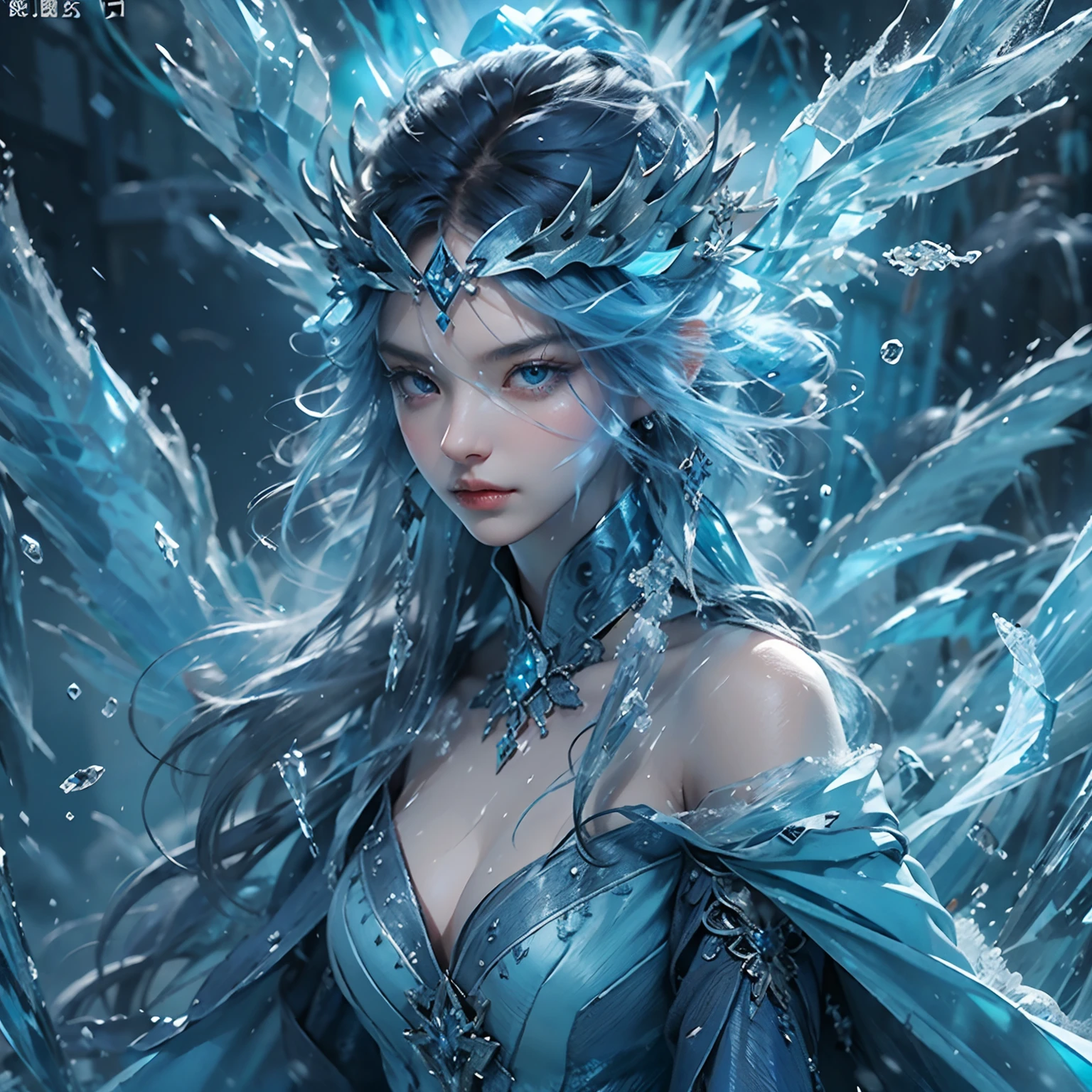 (((1girll))),imperial water,a sorceress,(Loose dress:1.5),(Perfect facial features:1.4),(Blue silk robe),(Mystical magical formations:1.2),Blue glow,(Frost wings),(((Powerful Ice Magic))),(((Icicles))),Soar above the landscape,Blue Light Cold Light,(((Ice Storm))),Wind,((Flying snow ice and snow)),Amazing results,,best qualtiy,tmasterpiece,超A high resolution,Up to detail,intricate-detail,8K分辨率,8KUCG Wallpaper,nffsw,Water Blue,magic array,cinematic lighting effect,lightand shade contrast,Ray traching、NVIDIA RTX