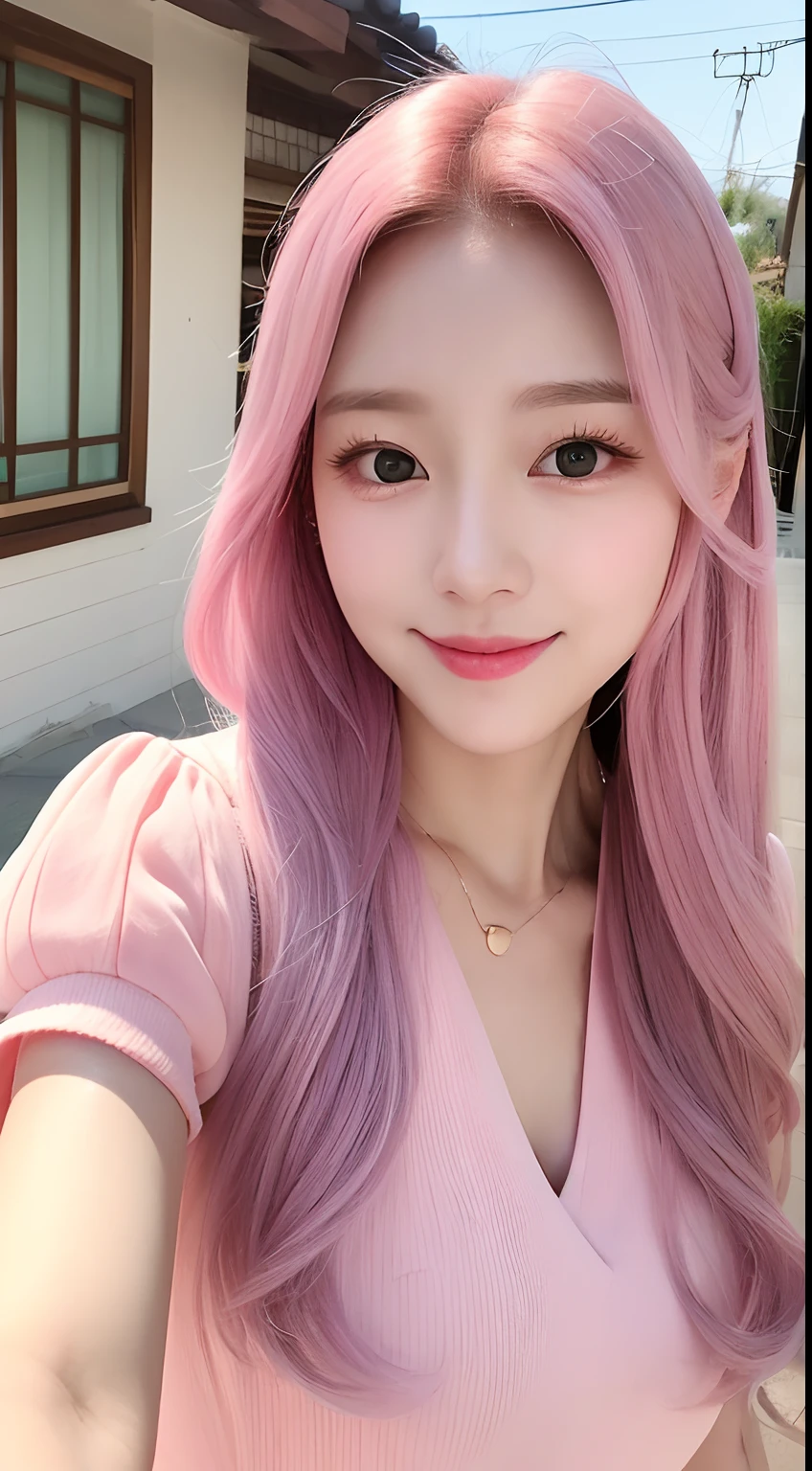 Realistic photos of (1 cute Korean star) hair behind ears, thin makeup, 32 inch breasts size, slightly smile, wearing pastel dress, selfie, in front of the house, upper body portrait, UHD