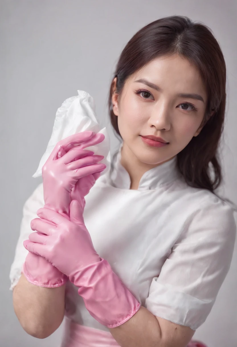 Meilin from Advanced Metal Gear Research Institute. Highly realistic. rubber glove、Pink rubber gloves、Pink cooking gloves、Long gloves、Glossy gloves、Glossy apron、Getting wet with white liquid、cum shots