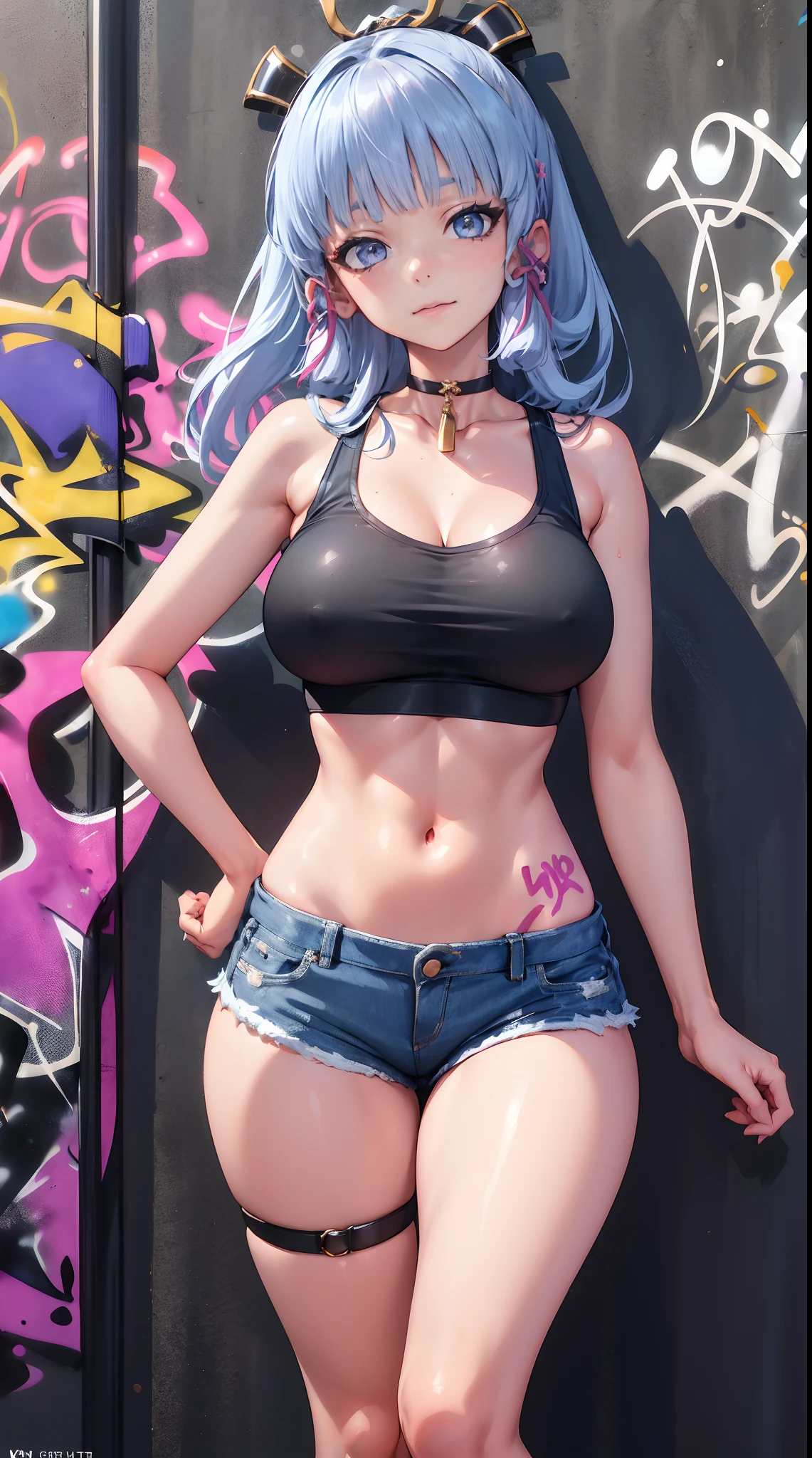 kamisato ayaka|genshin impact, master-piece, bestquality, 1girls,25 years old, oversized breasts, crop top, shorts jeans, oversized breasts, ,bara, crop top, shorts jeans, choker, (Graffiti:1.5), Splash with purple lightning pattern., arm behind back, against wall, View viewers from the front., Thigh strap, Head tilt, bored, water eyes,