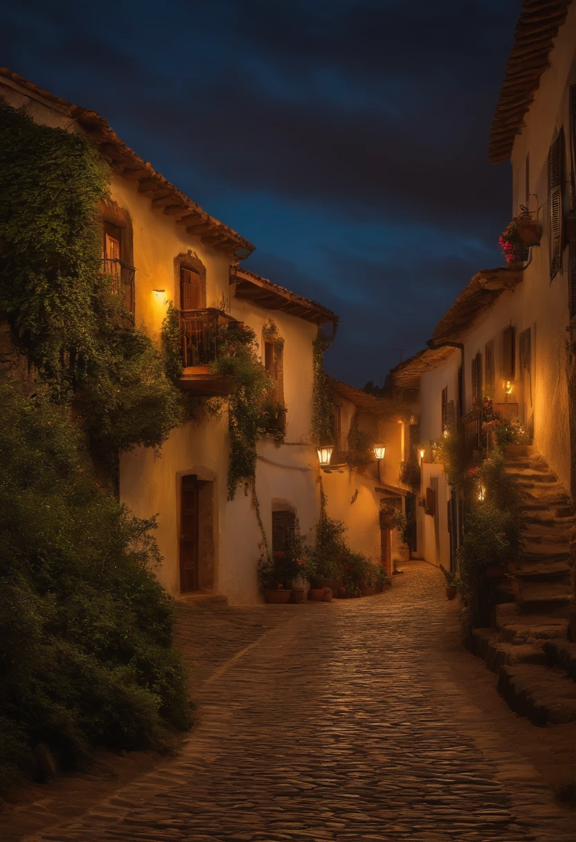 Tranquila aldeia camponesa aninhada nas colinas, com casas de madeira desgastada pelo tempo, clustered along cobblestone streets, Conceptual art, panorama, UHD, 16k