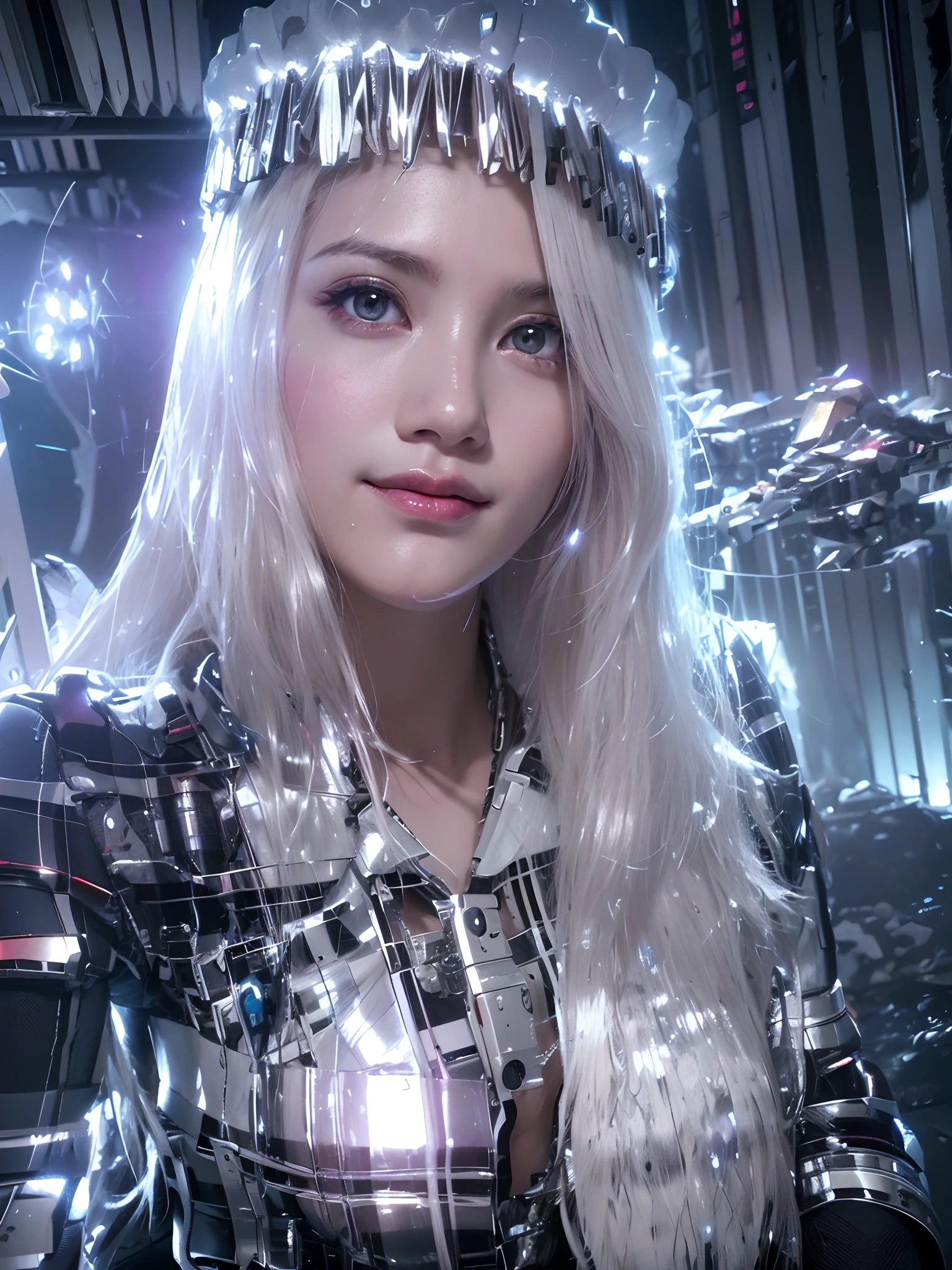 top-quality、masterpiece、超A high resolution、(Photorealsitic:1.4)、Raw photo、Battle Cyborg Angel、large wings made of metal、White porcelain body、Acrylic Clear Cover、white hair、glowy skin、1 Cyborg Girl、((super realistic details))、portlate、globalillumination、Shadow、octan render、8K、ultrasharp、character edge light,Colossal tits、Raw skin is exposed in cleavage、Details of complex ornaments、Double Zeta Gundam details、Hydraulic cylinder、Small LED lamp、highly intricate detail、Realistic light、a purple eye、radiant eyes、Facing the camera、neon details、cowboy shot、Futuristic headgear、About Cyberpunk、、