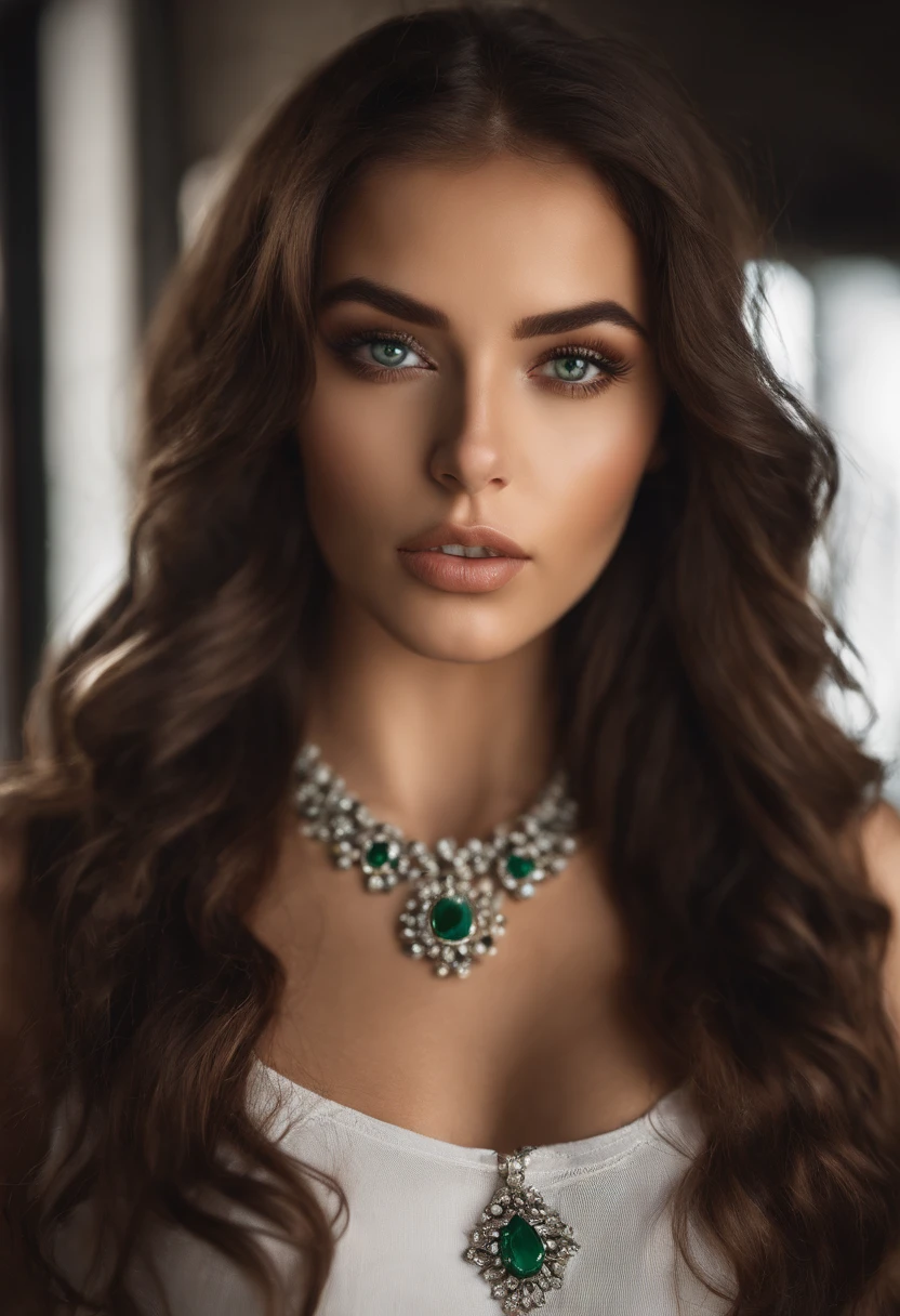 Highest image quality, outstanding details, ultra-high resolution, (realism: 1.4) woman in underwear and a necklace, sexy girl with green eyes, portrait sophie mudd, brown hair and large eyes, selfie of a young woman, bedroom eyes, violet myers, without makeup, natural makeup, looking directly at the camera, face with artgram, subtle makeup, stunning full body shot, piercing green eyes,