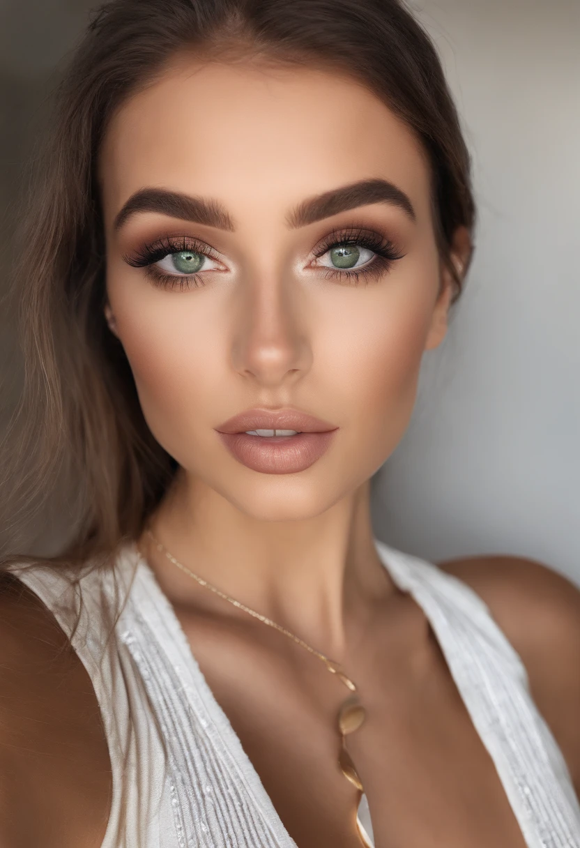 Arad woman with white vest and necklace, Sexy girl with green eyes, portrait sophie mudd, brown hair and large eyes, selfie of a young woman, Chamber eye, Violet Myers, Make-up-free, natural makeup, staring right into camera, face with artgram, Subtle makeup, stunning closeupheadshot, Piercing green eyes