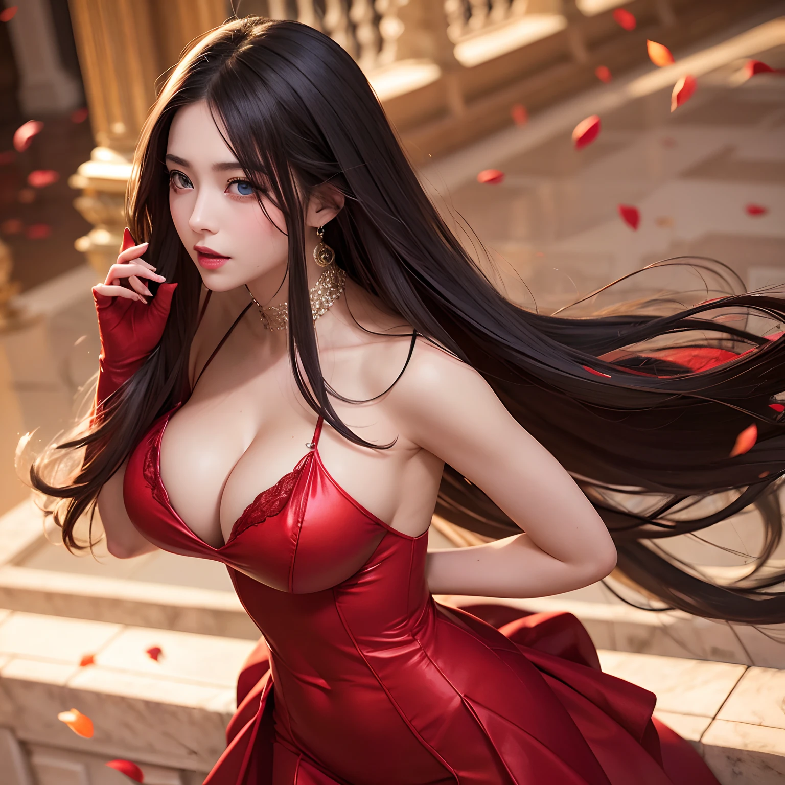 finest image, portrait, female, sexy, beautiful, cute, amorous expression, lewd expression, ecstasy, orgasm, light brown glossy flowing layered iridescent hair, blue sparkling big eyes, double eyelids, red alluring moist lips, huge breasts, under boobs, side boobs, abs, great proportion, red long dress, red long gloves, background royal palace, many falling petals, professional lighting