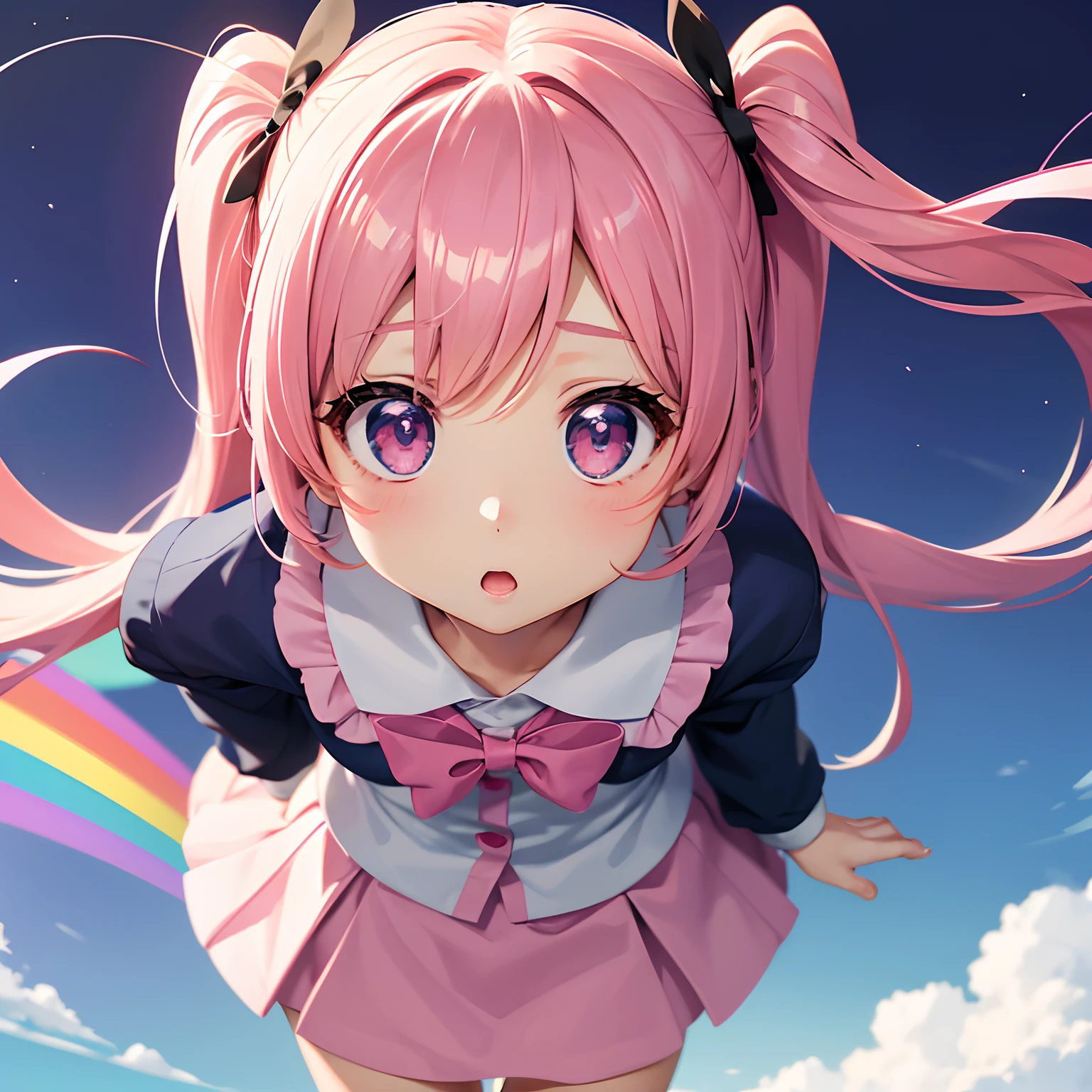 Cute Chibi Anime Girl, Chibi Chara、Solo, Bright rainbow sky background, Beautiful pink twin tails, The description of Chibi Anime ergarte Girl App、, Dark blue blazer、Uniform with pink skirt、Full body,, Highly detailed face and eyes, Clearly outlined、gazing at viewer、Insanely surprised face、Insanely surprised face