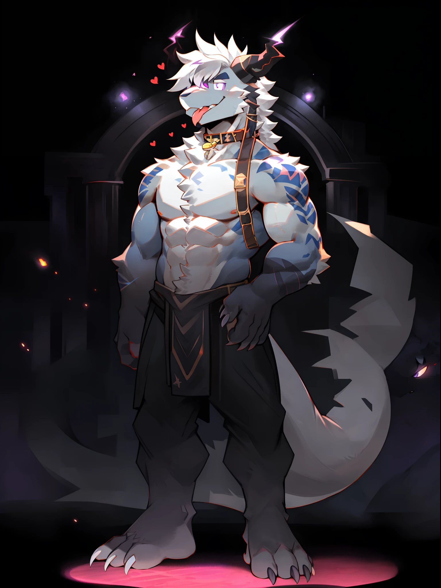 One guy,独奏,Full body like,shaggy male,hairy bodies,Correct anatomy,Detailed double eyes,glowing light eyes,Wearing a naked,Black loincloth,Muscular,long white hair,drak,shoun(thin tall body type),male people,There are small horns on the head,black-skinned,,red striped,Purple eye,Evil God,glowing light eyes,Sharp claws,with light glowing,Star eyes,Cute meat pad,Collar,adolable,Handsome,Evil charm,haughty,Large dragon tail,The whole body is like head to toe,The Void,purple palace,Standing brainwashing,tongue stickout,The liquid runs down the lower gear,Love,Character subjects