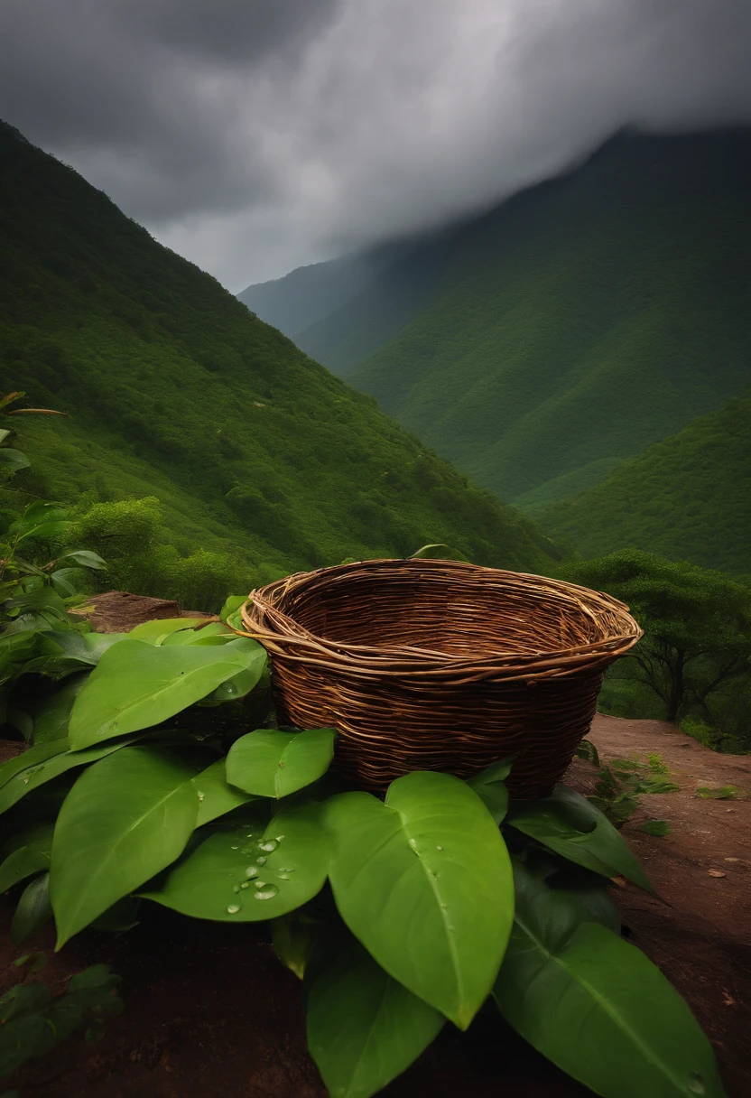 An image with the overcast sky still its first drops of rain on a mountainous cachoera with only a nest of birds with their young as vegetation. Imagem em 4k.