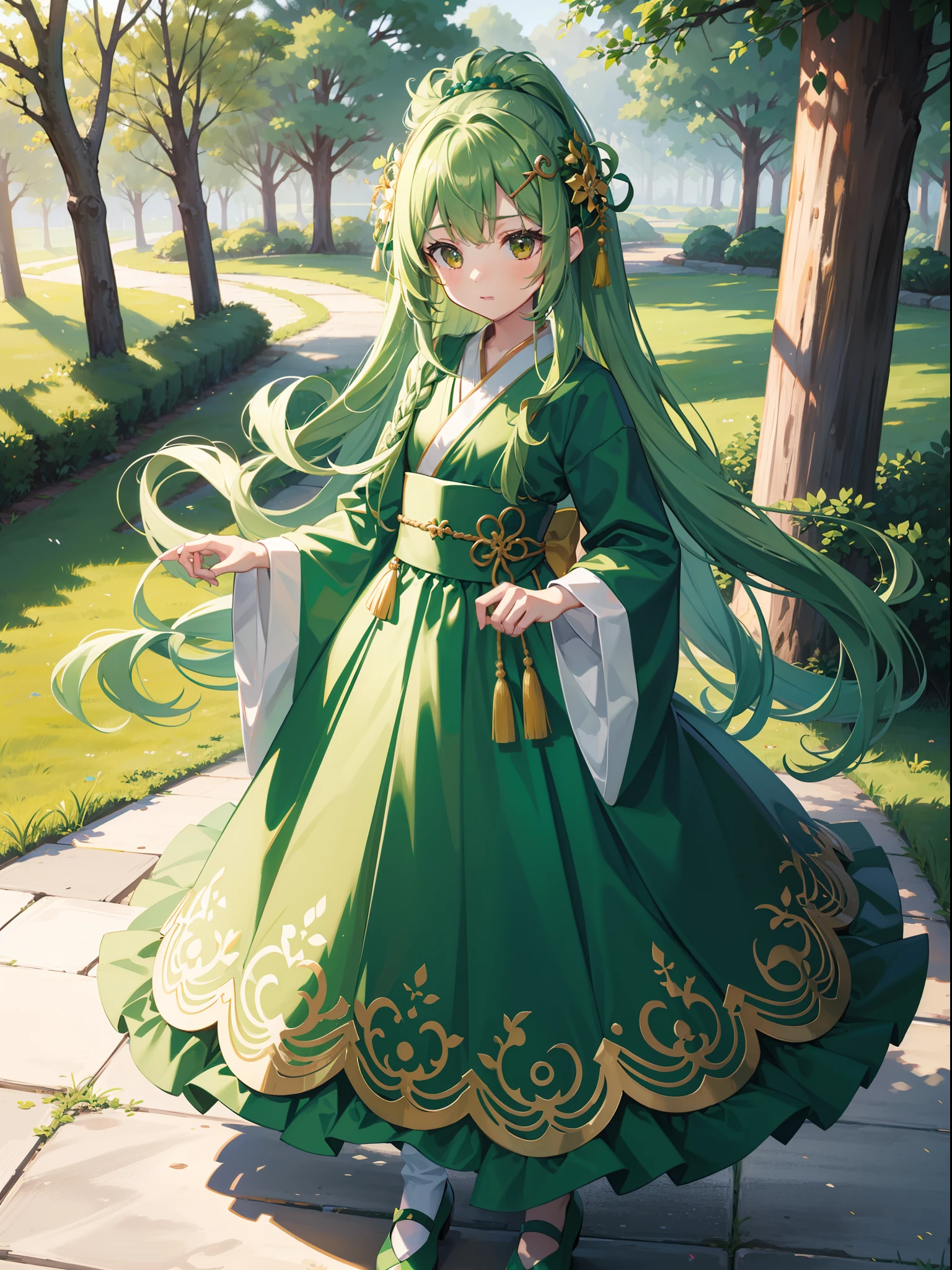 character portrait closeup,sketching,.tchibi,The hair adorns a tree,Kawaii girl, Green long hair,green pupills,full bodyesbian,Faraway view,Green full body Hanfu,baggy,Green princess shoes,standing on your feet,Green court hair ornaments,Green robe,Long skirt