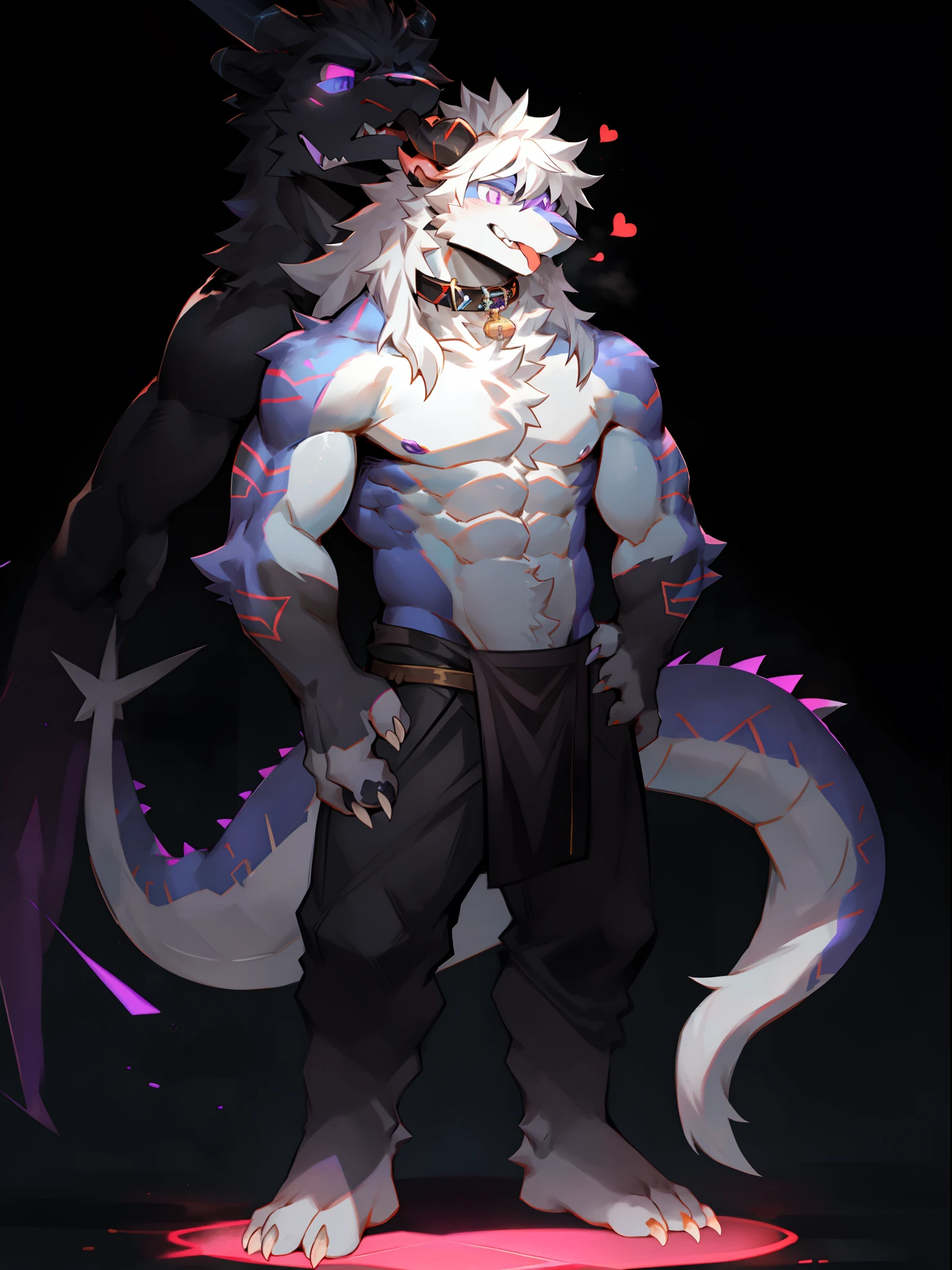 One guy,独奏,Full body like,shaggy male,hairy bodies,Correct anatomy,Detailed double eyes,glowing light eyes,Wearing a naked,Black loincloth,Muscular,long white hair,drak,shoun(thin tall body type),male people,There are small horns on the head,black-skinned,,red striped,Purple eye,Evil God,glowing light eyes,Sharp claws,with light glowing,Star eyes,Cute meat pad,Collar,adolable,Handsome,Evil charm,haughty,Large dragon tail,The whole body is like head to toe,The Void,purple palace,Standing brainwashing,tongue stickout,The liquid runs down the lower gear,Love,Character subjects