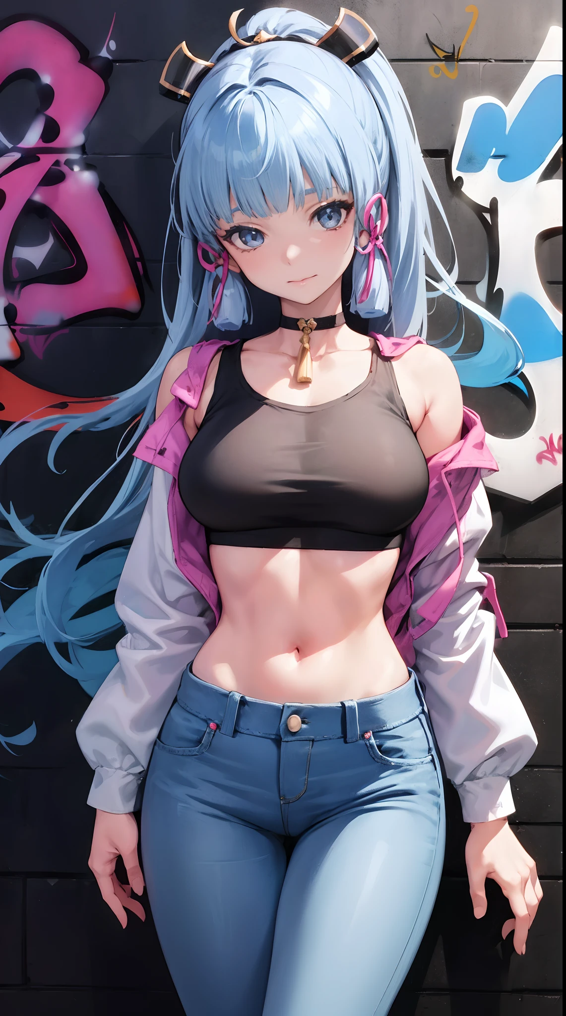 kamisato ayaka|genshin impact, master-piece, bestquality, 1girls,25 years old, proportional body, elongated legs, Beautiful, proportional., crop top, Long Jeans, mediuml breasts, ,bara, crop top, choker, (Graffiti:1.5), Splash with purple lightning pattern., arm behind back, against wall, View viewers from the front., Thigh strap, Head tilt, bored,(NSTDA.:1.2), (10, beste-Qualit, master-piece: 1.4), Beautiful red hair, ultra-high resolution, (lifelike, photorealistic portrait: 1.48), 20 age, Cute Girl, (Looking Through Crop Tops.), Famous Japanese actors, beautiful clear eyes, Head tilt, cowboy shot, from the front, looking at the audience, expressionless, Beautiful lake, Zeiss 150mm F/ 2.8 Hasselblad, Whole body, foot, Ultra-Wide Angle,