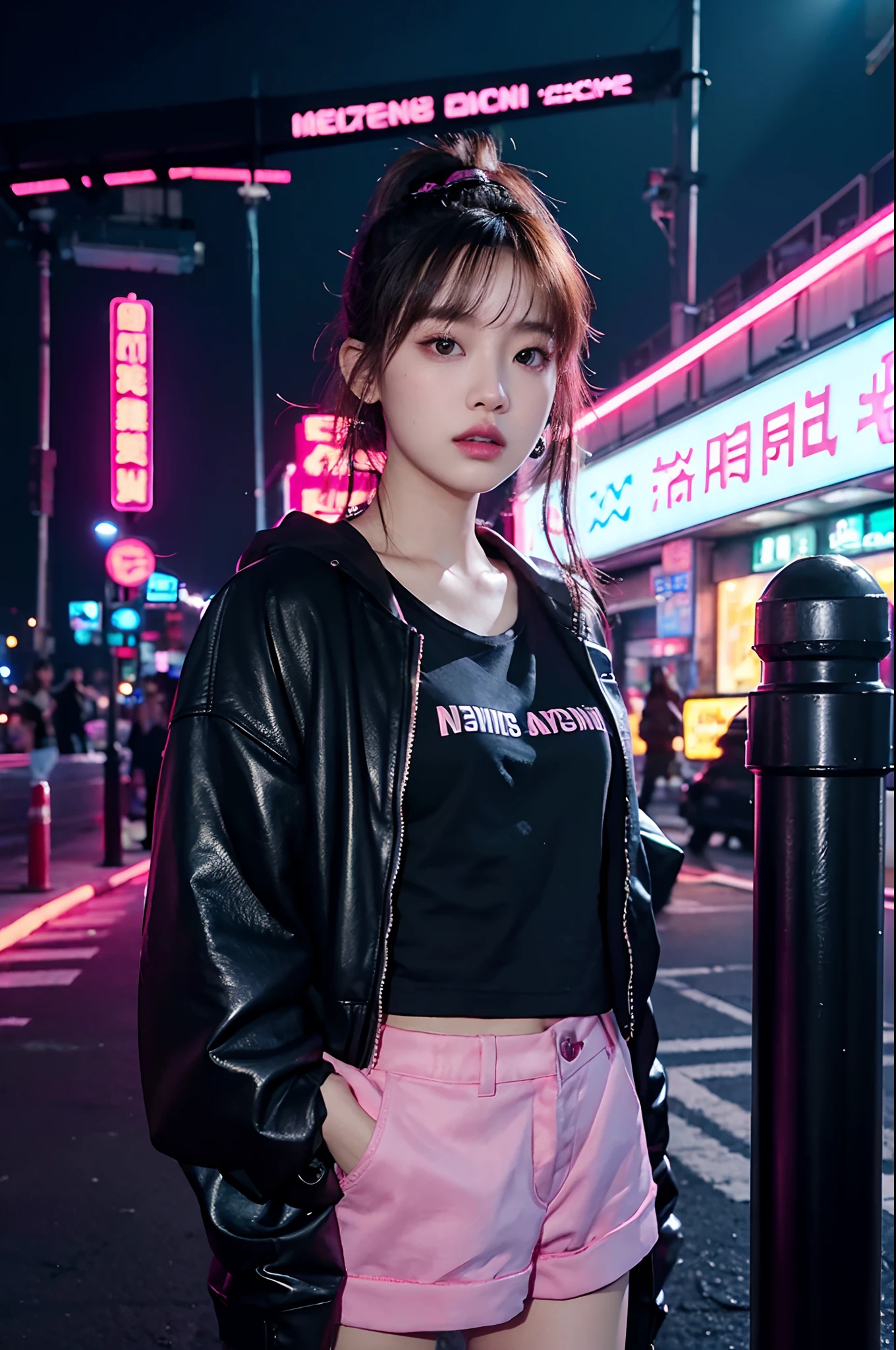 there is a woman standing in front of a neon sign, roseanne park of blackpink, trending on cgstation, trending at cgstation, jossi of blackpink, kda, portrait of jossi of blackpink, jaeyeon nam, xision wu, sun yunjoo, captured on canon eos r 6, cai xukun, gemma chen, bae suzy