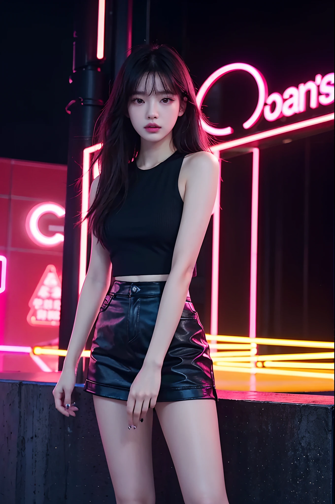 there is a woman standing in front of a neon sign, roseanne park of blackpink, trending on cgstation, trending at cgstation, jossi of blackpink, kda, portrait of jossi of blackpink, jaeyeon nam, xision wu, sun yunjoo, captured on canon eos r 6, cai xukun, gemma chen, bae suzy