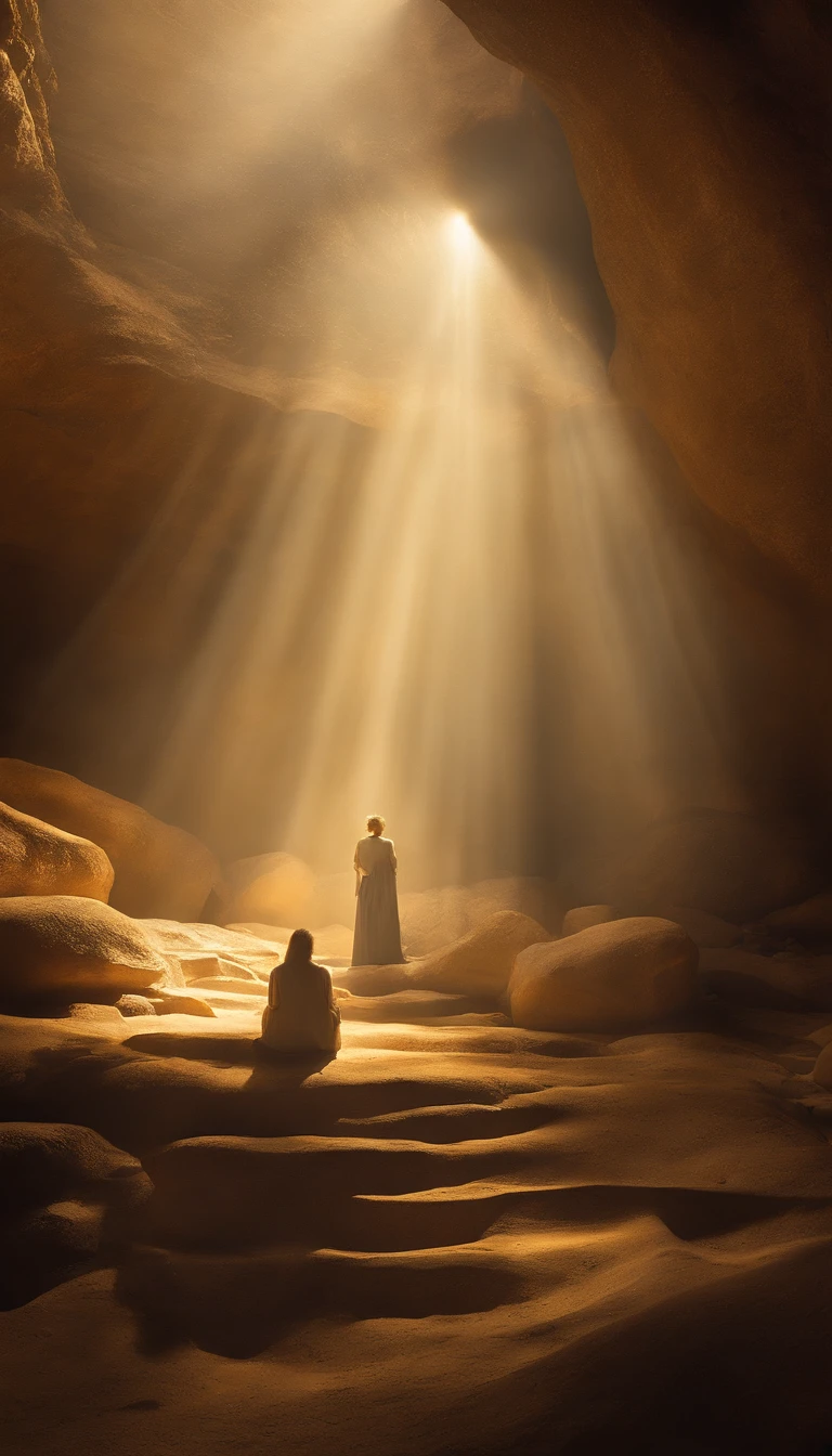na Caverna Escura, John discovers the seven golden seals for the first time. The scene is filled with a mysterious atmosphere, como se algo divino estivesse prestes a ser revelado. The main focus of the scene is the seven golden seals. They emit a soft, ethereal glow, illuminating the surrounding darkness. The stamps are exquisitely crafted, with intricate patterns and symbols that suggest their ancient and sacred origins. Eles brilham com um brilho sobrenatural, cativando qualquer um que coloque os olhos sobre eles. The cave is vast, with towering walls stretching into the depths of darkness. Estalactites penduradas no teto, casting strange shadows on the ground. The air is heavy with a sense of anticipation and ancient power. Mysterious symbols and writings adorn the walls, Insinuando o enigma das focas. Uma fonte de luz fraca e cintilante, possivelmente uma lanterna velha, casts long shadows that dance and sway, increasing the sense of mystique. Rays of light penetrate through cracks in the walls of the cave, illuminating dust particles suspended in the air, creating an ethereal and almost magical environment. John stands in awe at the seals, seu rosto iluminado por seu brilho dourado. The expression on his face is a mixture of emotion, reverence, e uma pitada de medo. Ele pode sentir o imenso poder contido nos selos, e o peso da responsabilidade que vem com o desvendamento de seus segredos. The color tone of the scene is dominated by deep blue tones and subtle touches of gold, highlighting the mysterious and divine aura that permeates the cave. The lighting is low, acentuando o jogo entre luz e sombra, evocando um sentido de mitologia antiga e conhecimento oculto. When John reaches out to touch one of the seals, Um sussurro suave enche o ar, carrying a cryptic message that only he can hear. The cave seems to hold your breath, building anticipation for what lies beyond the closed gates. Geral, a cena na caverna escura onde John descobre o serne