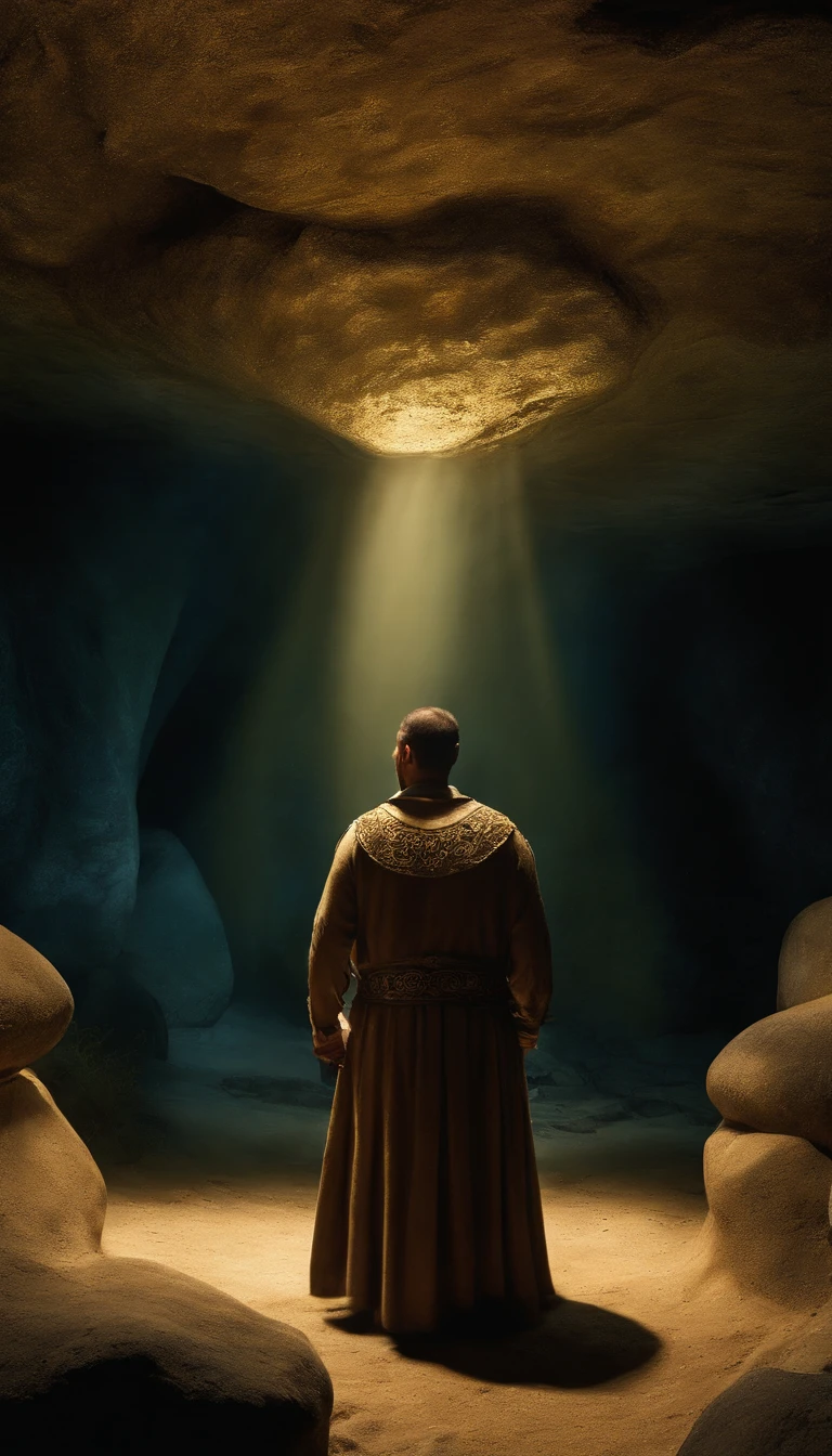 na Caverna Escura, John discovers the seven golden seals for the first time. The scene is filled with a mysterious atmosphere, como se algo divino estivesse prestes a ser revelado. The main focus of the scene is the seven golden seals. They emit a soft, ethereal glow, illuminating the surrounding darkness. The stamps are exquisitely crafted, with intricate patterns and symbols that suggest their ancient and sacred origins. Eles brilham com um brilho sobrenatural, cativando qualquer um que coloque os olhos sobre eles. The cave is vast, with towering walls stretching into the depths of darkness. Estalactites penduradas no teto, casting strange shadows on the ground. The air is heavy with a sense of anticipation and ancient power. Mysterious symbols and writings adorn the walls, Insinuando o enigma das focas. Uma fonte de luz fraca e cintilante, possivelmente uma lanterna velha, casts long shadows that dance and sway, increasing the sense of mystique. Rays of light penetrate through cracks in the walls of the cave, illuminating dust particles suspended in the air, creating an ethereal and almost magical environment. John stands in awe at the seals, seu rosto iluminado por seu brilho dourado. The expression on his face is a mixture of emotion, reverence, e uma pitada de medo. Ele pode sentir o imenso poder contido nos selos, e o peso da responsabilidade que vem com o desvendamento de seus segredos. The color tone of the scene is dominated by deep blue tones and subtle touches of gold, highlighting the mysterious and divine aura that permeates the cave. The lighting is low, acentuando o jogo entre luz e sombra, evocando um sentido de mitologia antiga e conhecimento oculto. When John reaches out to touch one of the seals, Um sussurro suave enche o ar, carrying a cryptic message that only he can hear. The cave seems to hold your breath, building anticipation for what lies beyond the closed gates. Geral, a cena na caverna escura onde John descobre o serne