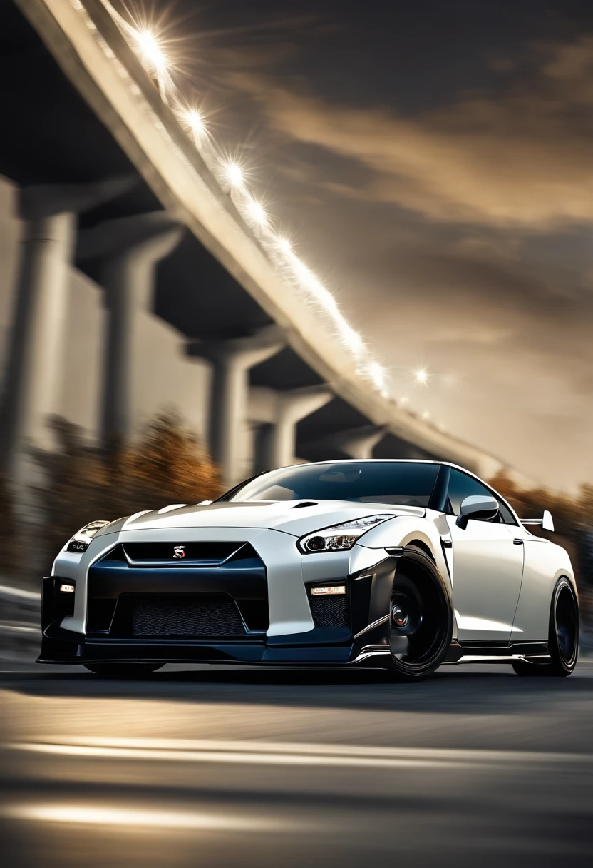 A dark white nissan skyline gtr r-35 spers down the road, Hyper realistic, driving on the highway, on the road with blue sky, high speed, energy movement, don't want cartoons.