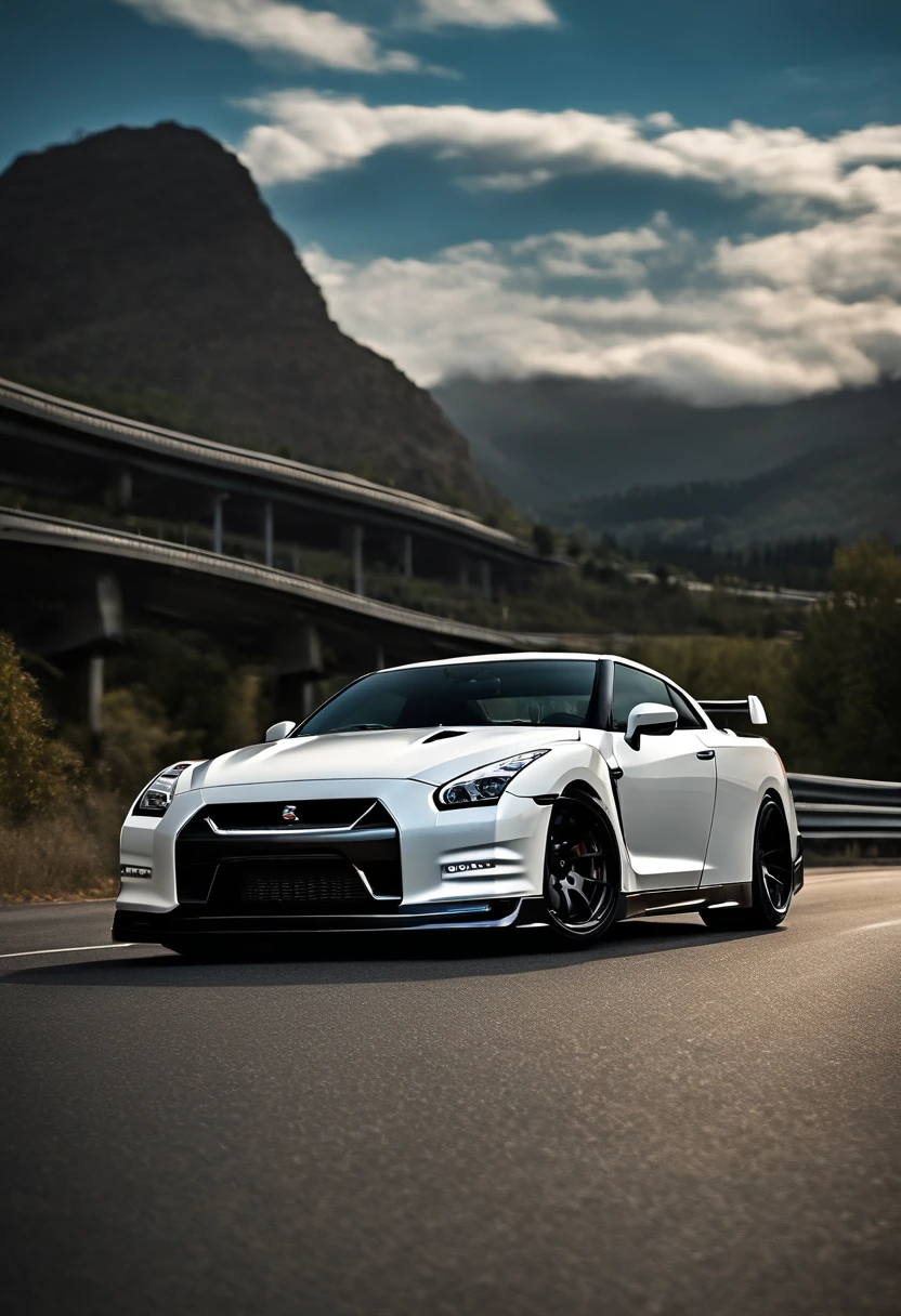 A dark white nissan skyline gtr r-35 spers down the road, Hyper realistic, driving on the highway, on the road with blue sky, high speed, energy movement, don't want cartoons.