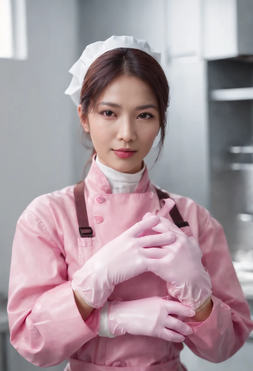 Meilin from Advanced Metal Gear Research Institute. Highly realistic. rubber glove、Pink rubber gloves、Pink cooking gloves、Long gloves、Glossy gloves、Glossy apron、Getting wet with white liquid、cum shots