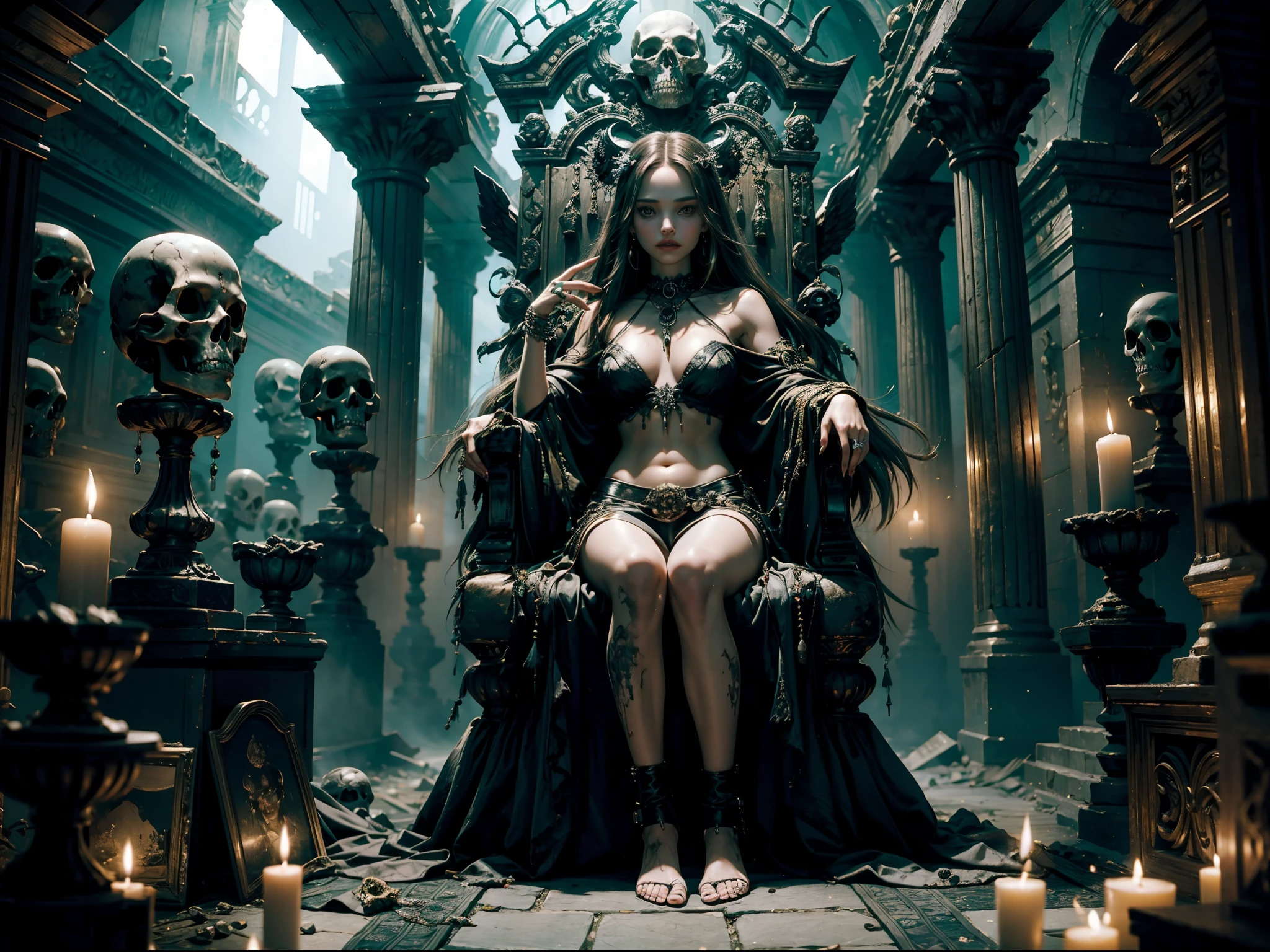 a  Natalie Portman dressed emerges as a captivating figure amidst the Dark Temple. her physical appearance tells a story of tragic transformation and decay, evoking both fascination and a sense of unease. the teennecromancer girl's once-youthful countenance is marred by the relentless grip of decay. skulls. totems. voodoo magic. sitting on her throne.