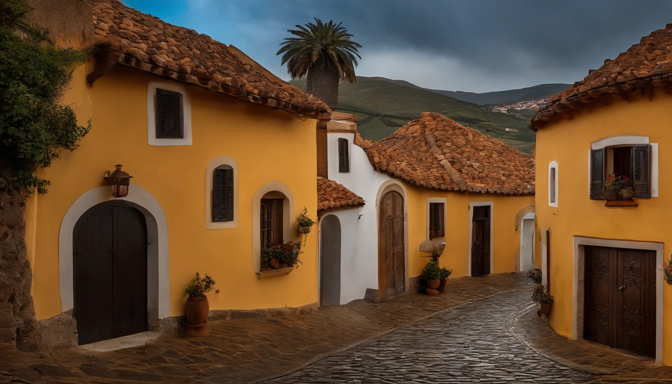 Tranquila aldeia camponesa aninhada nas colinas, com casas de madeira desgastada pelo tempo, clustered along cobblestone streets, Conceptual art, panorama, UHD, 16k