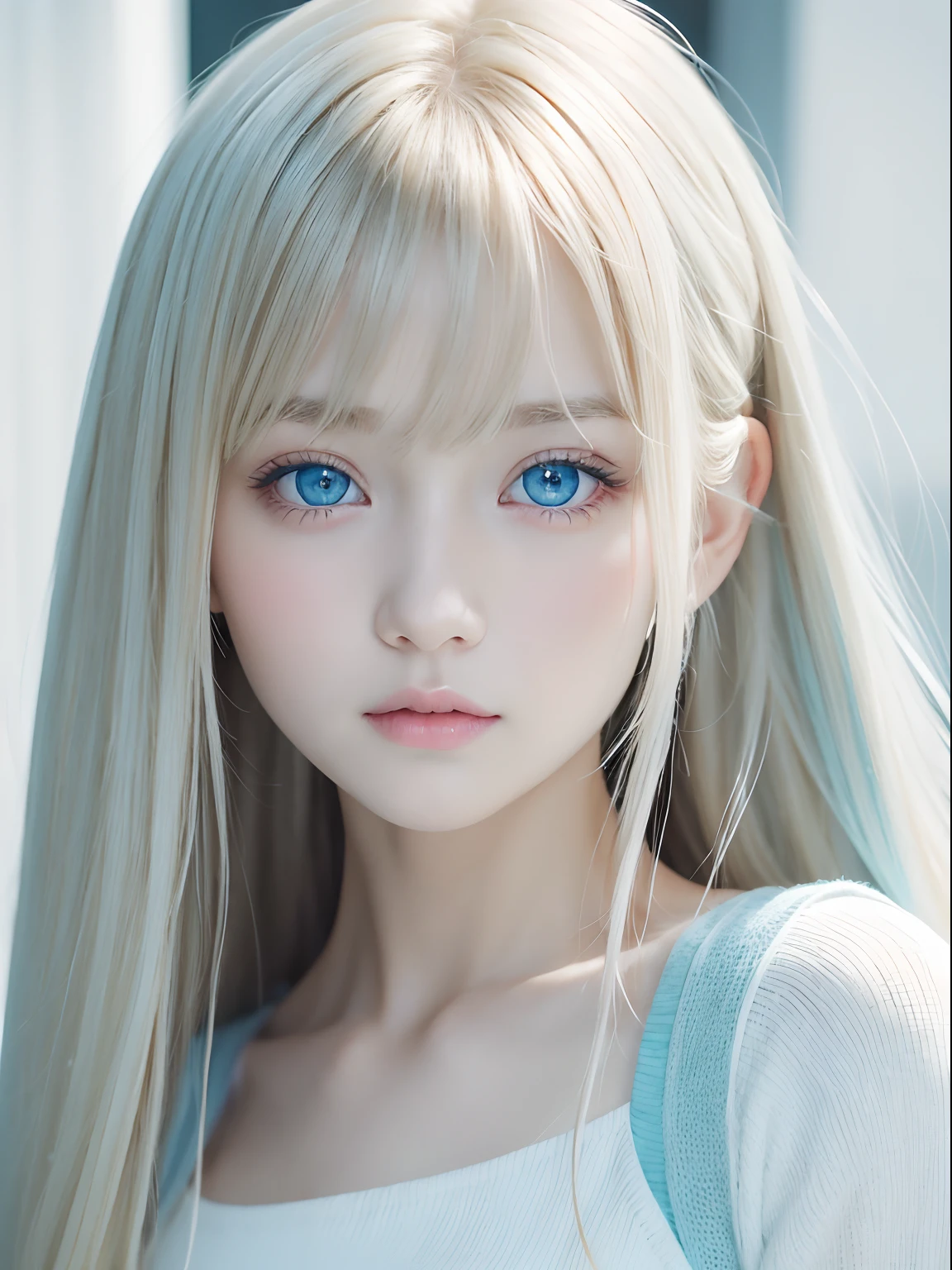 A close up of a woman with long blonde hair and blue eyes - SeaArt AI