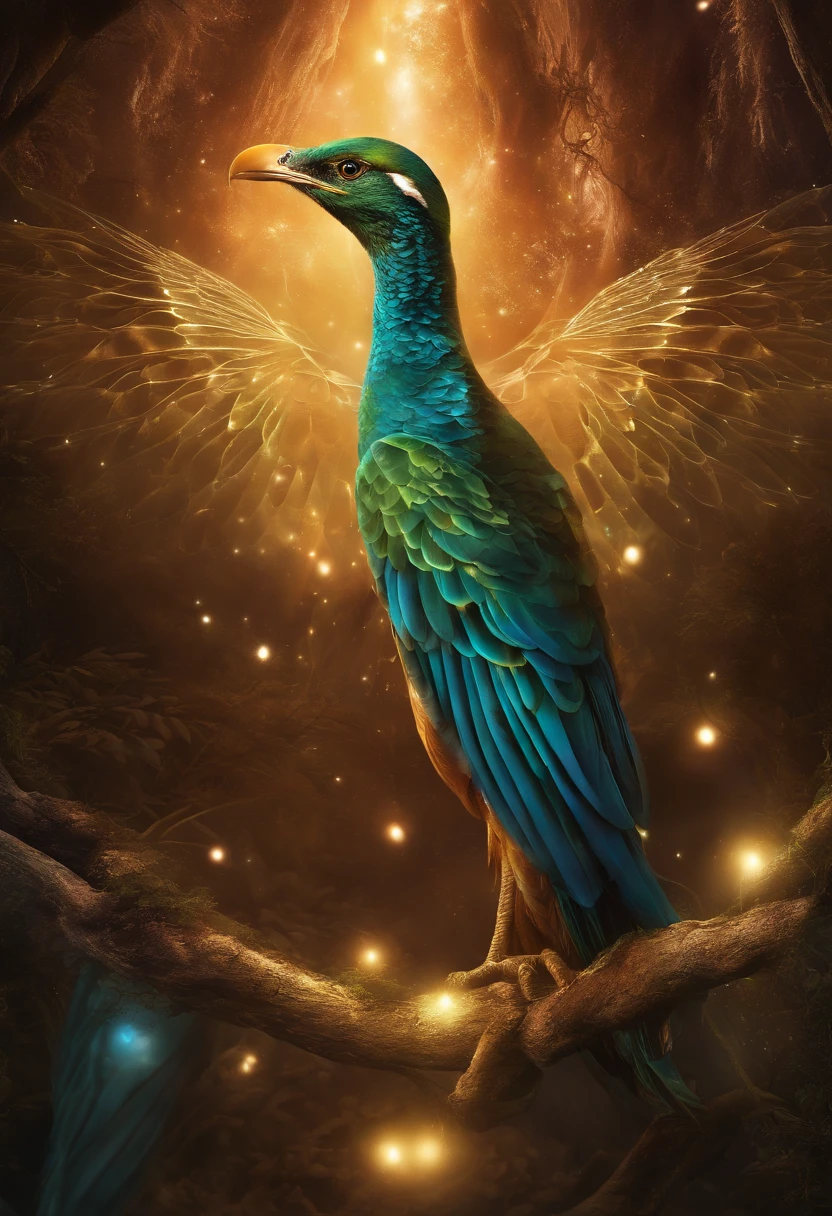 Kosmischer gefallener Engel, Leuchtende helle Augen, Biomechanisch, unheimlich, gruselig, albtraumhaft, Sehr leuchtende Farben, Lichtteilchen, mit leuchtendem Licht, Mshiff, wallpaper art, UHD-Hintergrundbild