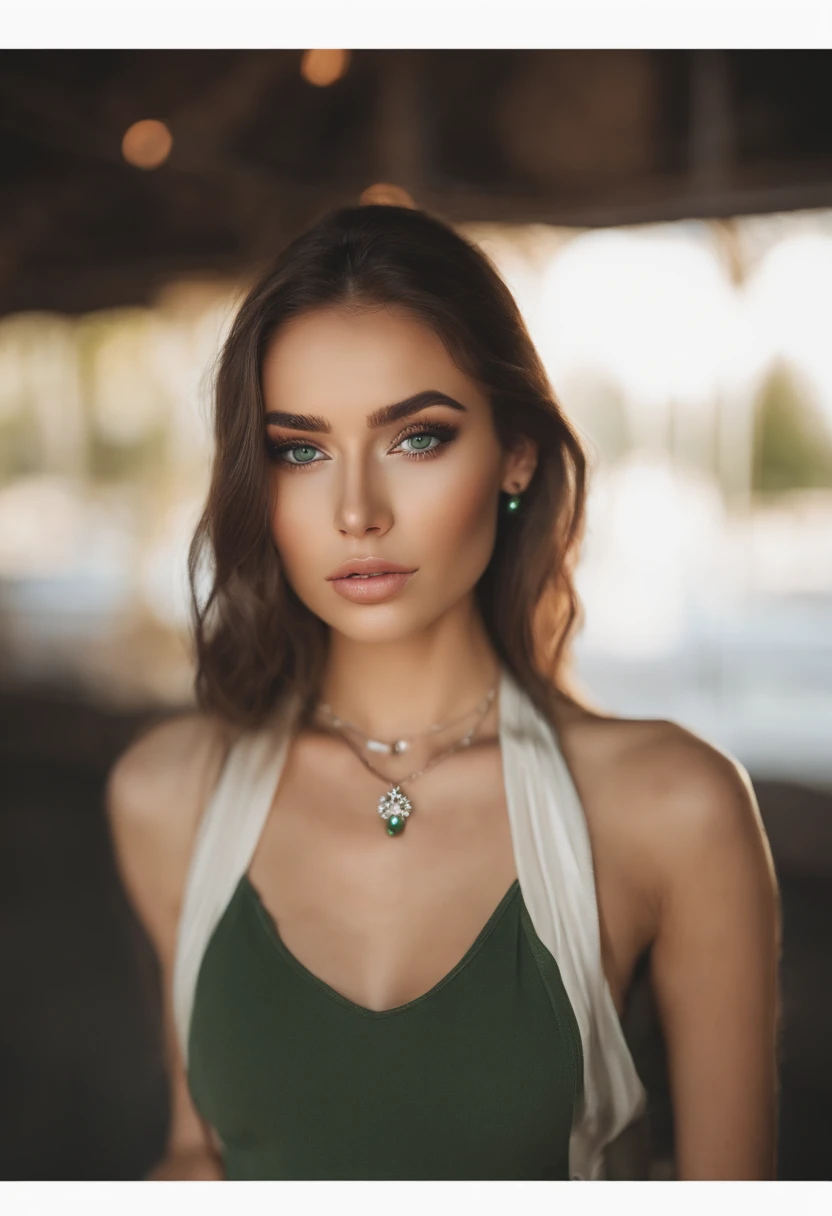 Arad woman with white vest and necklace, sexy girl with green eyes, portrait sophie mudd, brown hair and large eyes, selfie of a young woman, Chamber eye, Violet Myers, Make-up-free, Natural makeup, staring right into camera, face with artgram, Subtle makeup, stunning closeupheadshot, Piercing green eyes