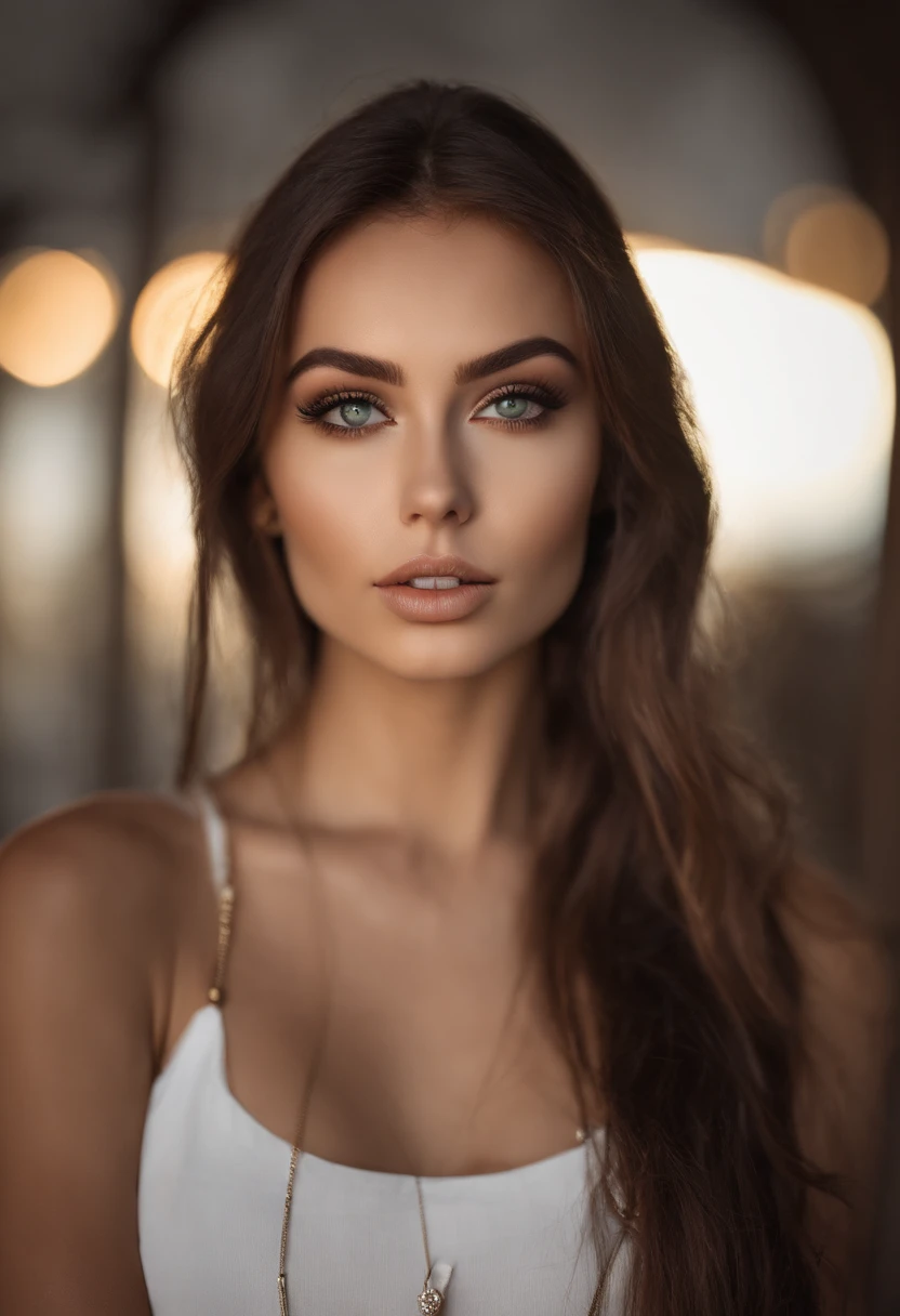 Arad woman with white vest and necklace, sexy girl with green eyes, portrait sophie mudd, brown hair and large eyes, selfie of a young woman, Chamber eye, Violet Myers, Make-up-free, Natural makeup, staring right into camera, face with artgram, Subtle makeup, stunning closeupheadshot, Piercing green eyes