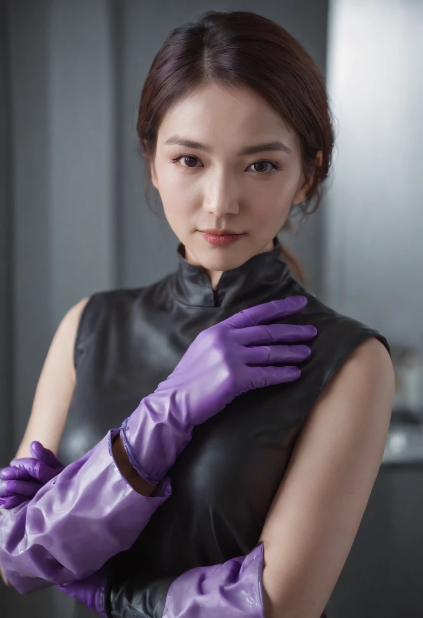Meilin from Advanced Metal Gear Research Institute. Highly realistic. rubber glove、Purple rubber gloves、Purple cooking gloves、Long gloves、Glossy gloves、Glossy apron、Gripping the、Getting wet with white liquid、cum shots