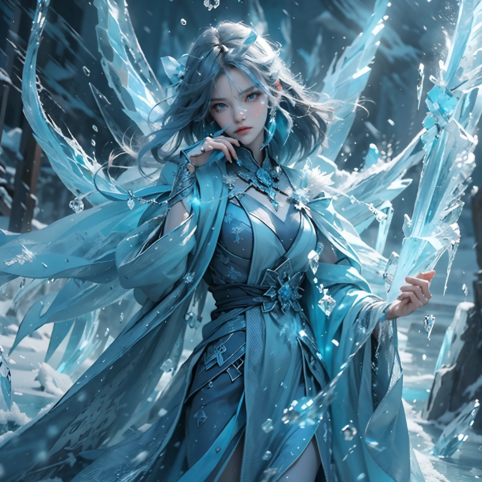(((1girll))),(Perfect facial features:1.4),Wearing an fantastic armored dress,icey,ice wings,Splattered liquid,Wavy liquid,air bubble,standing on water,Behind her is a huge ice dragon,drak,Wave,Blue glow,(Frost wings),(((Powerful Ice Magic))),(((Icicles))),Soar above the landscape,Blue Light Cold Light,(((Ice Storm))),Wind,((Flying snow ice and snow)),Amazing results,large breast, best quality,tmasterpiece,超A high resolution,Up to detail,intricate-detail,8K resolution,8KUCG Wallpaper,nffsw,Water Blue,magic array,cinematic lighting effect,lightand shade contrast,Ray traching、NVIDIA RTX