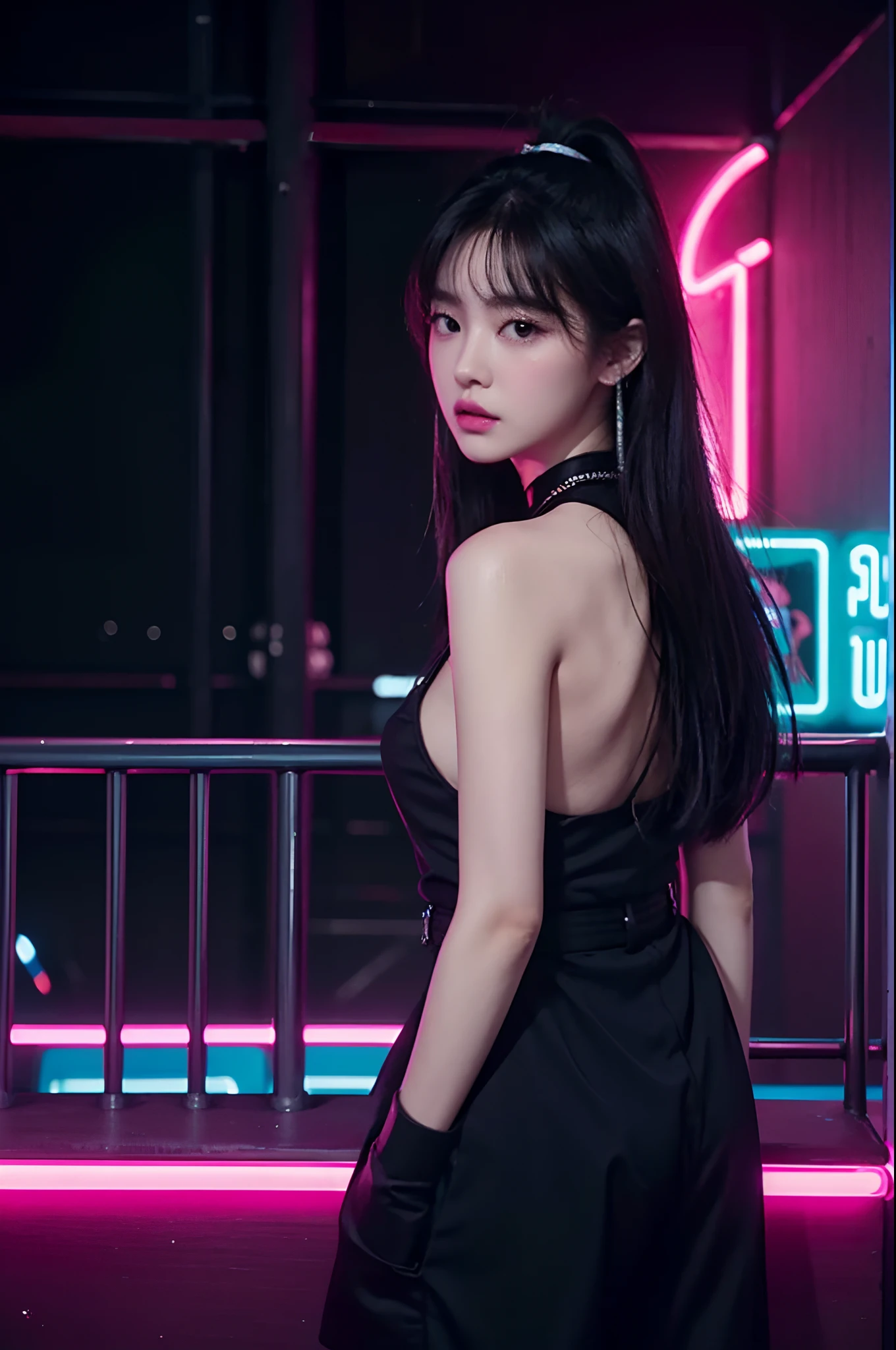 there is a woman standing in front of a neon sign, a picture inspired by Ni Yuanlu, trending on cg society, pop art, roseanne park of blackpink, trending on cgstation, trending at cgstation, jossi of blackpink, kda, portrait of jossi of blackpink, jaeyeon nam, xision wu, sun yunjoo