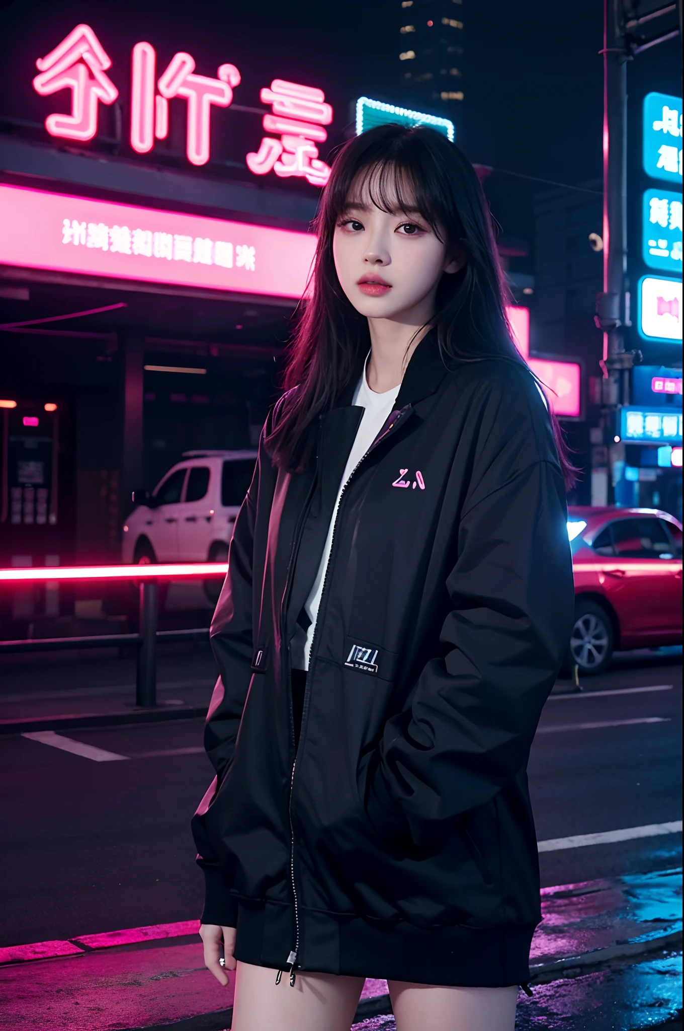 there is a woman standing in front of a neon sign, a picture inspired by Ni Yuanlu, trending on cg society, pop art, roseanne park of blackpink, trending on cgstation, trending at cgstation, jossi of blackpink, kda, portrait of jossi of blackpink, jaeyeon nam, xision wu, sun yunjoo